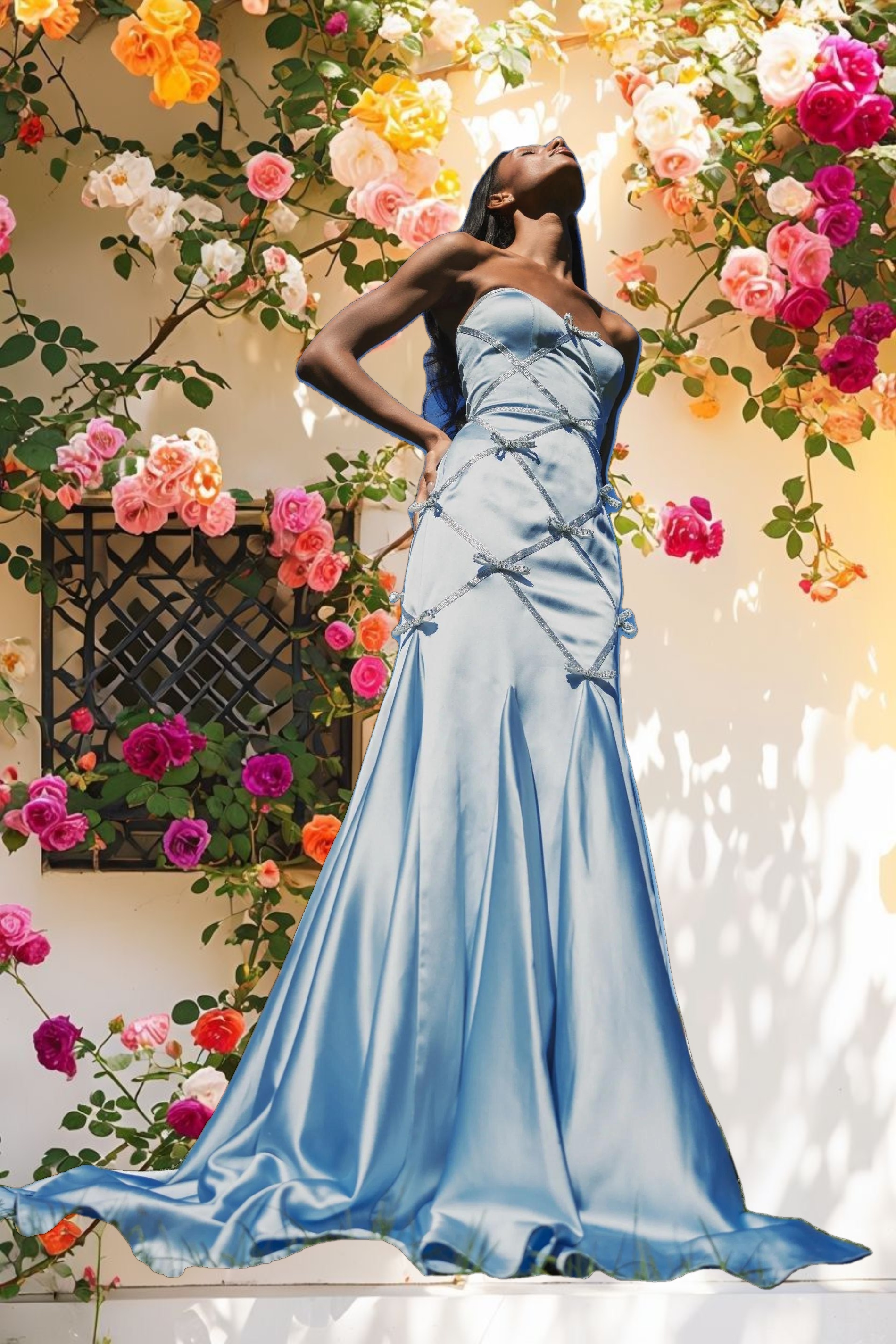 Blue Strapless Satin Trumpet Dress With Bow Details