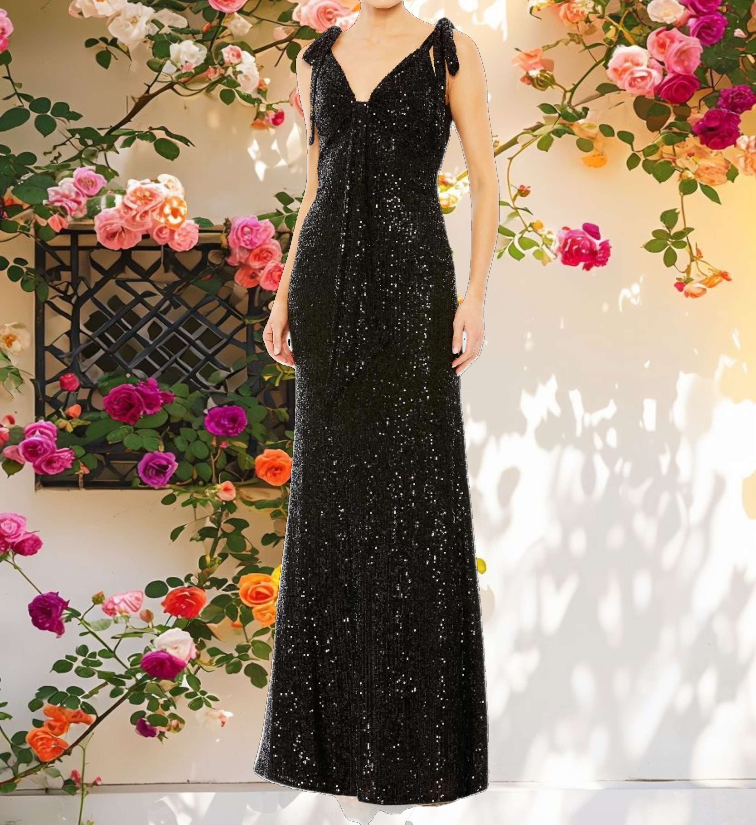 Sequined Low Back Bow Shoulder Gown