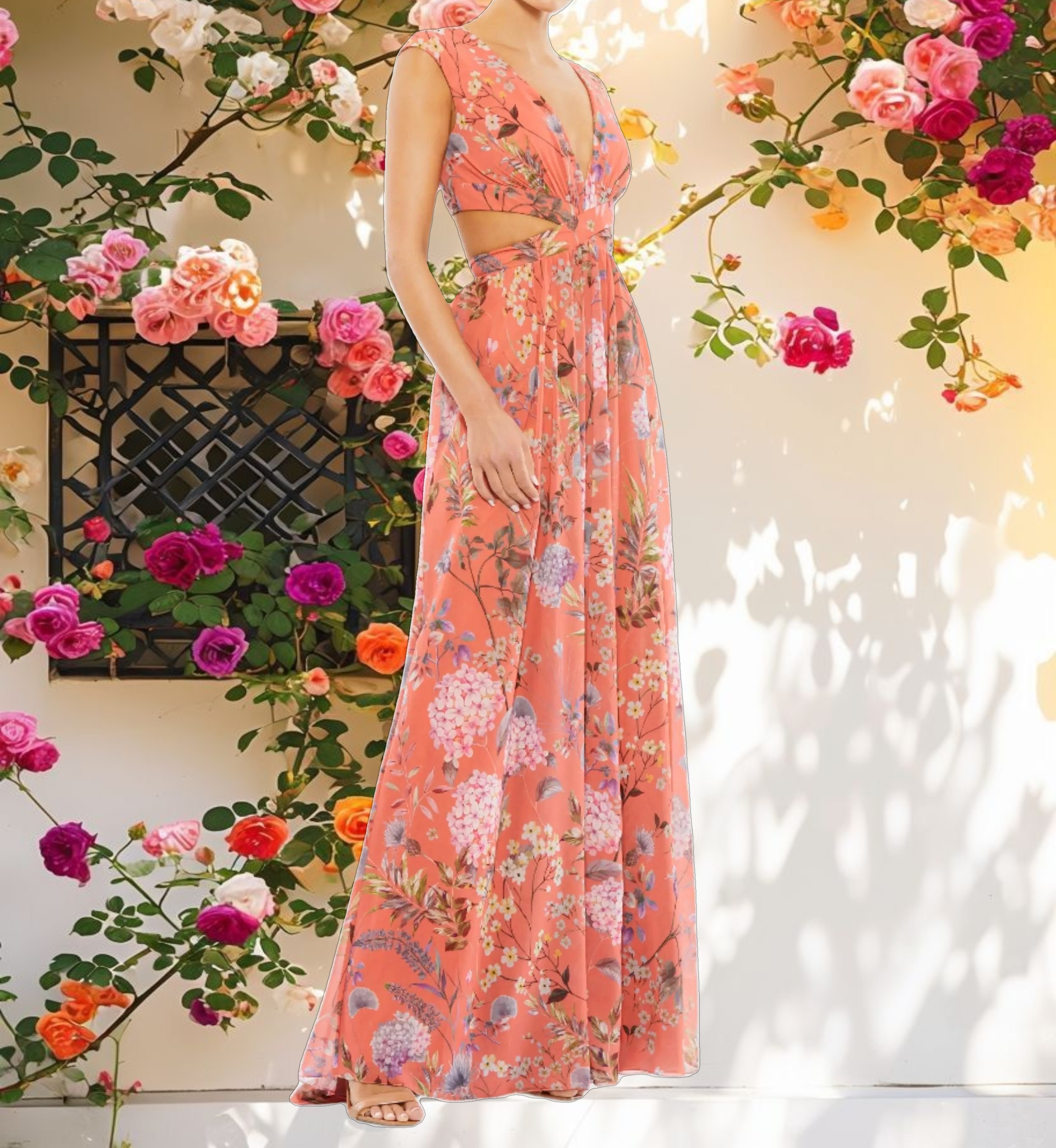Floral Print V Neck Cap Sleeve Gown