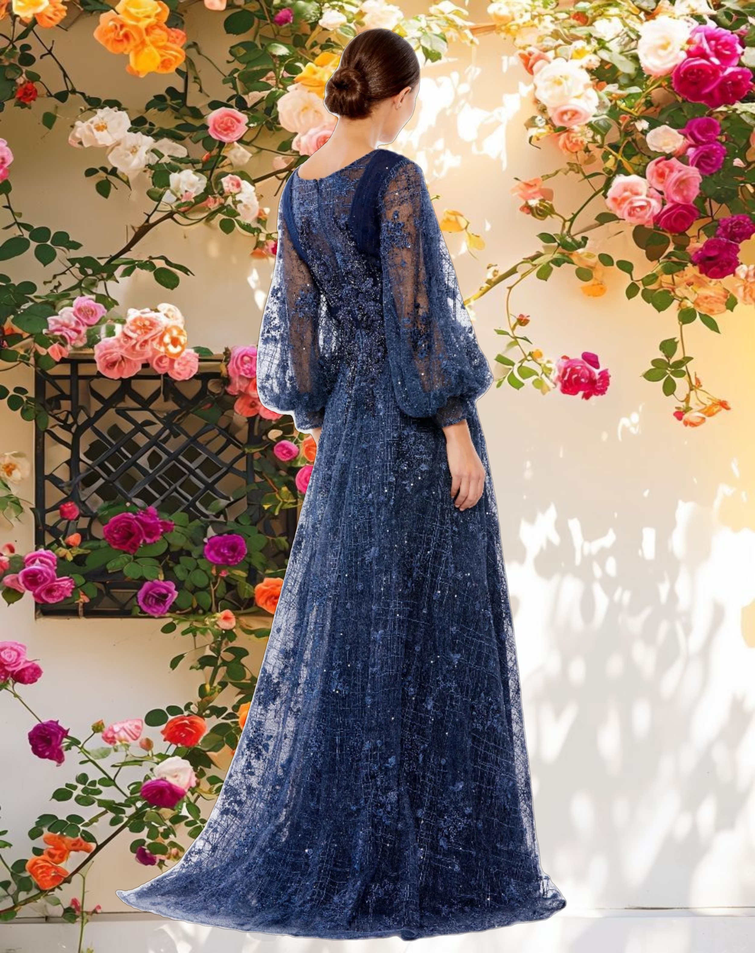Blue Embellished Plunge Neck Puff Sleeve A Line Gown