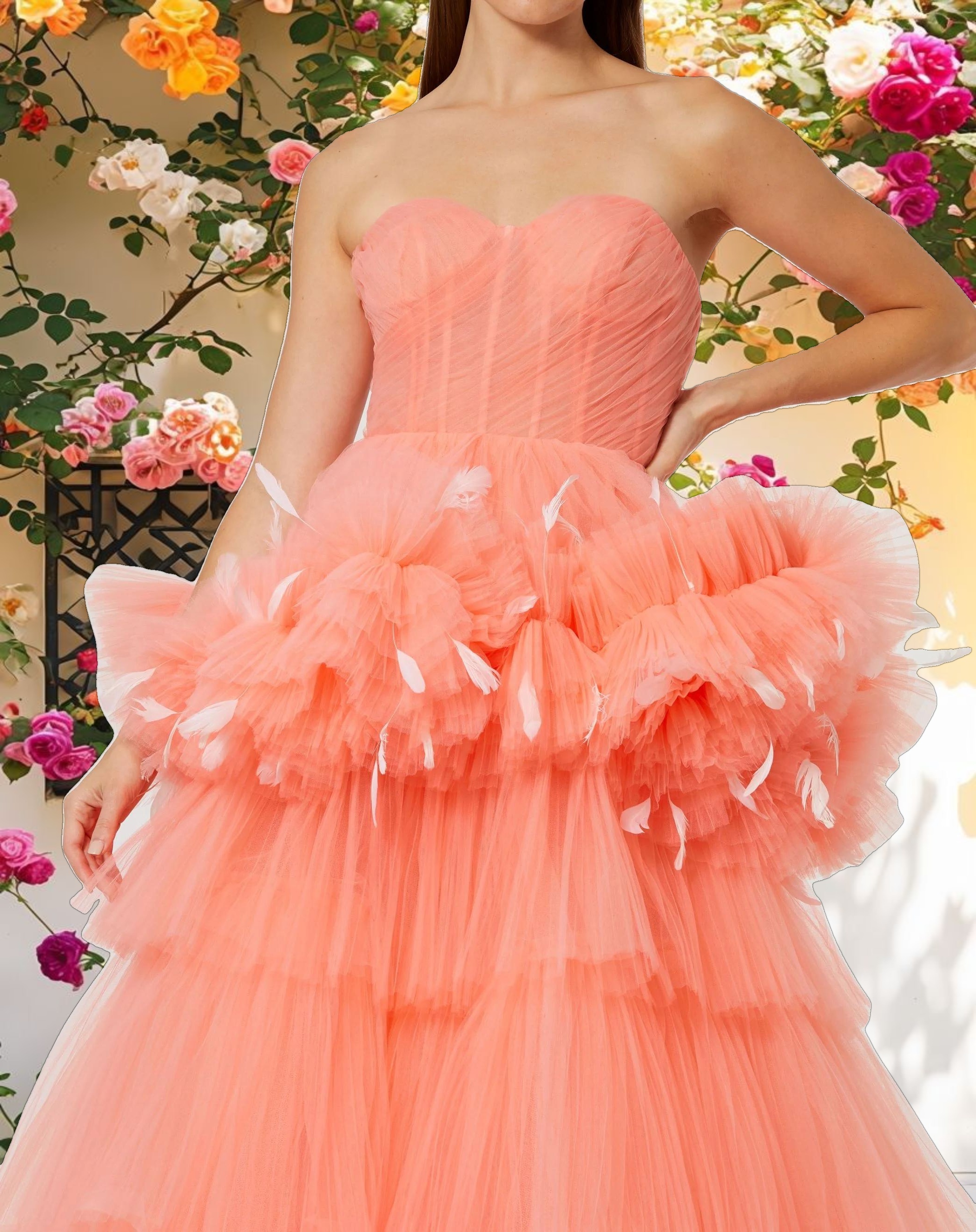 Orange Strapless Tulle Gown with Feather Detail