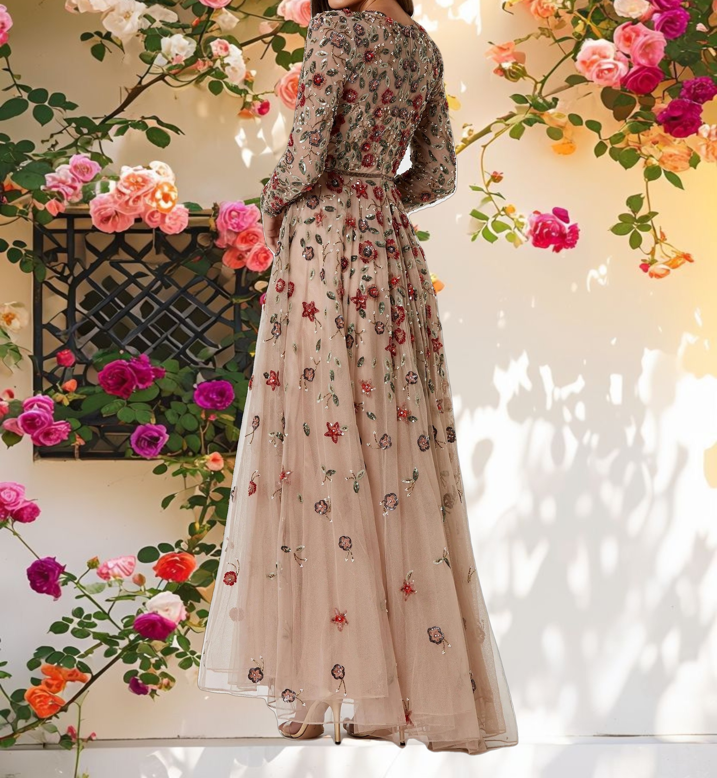 Beige Embellished High Neck Long Sleeve A Line Gown