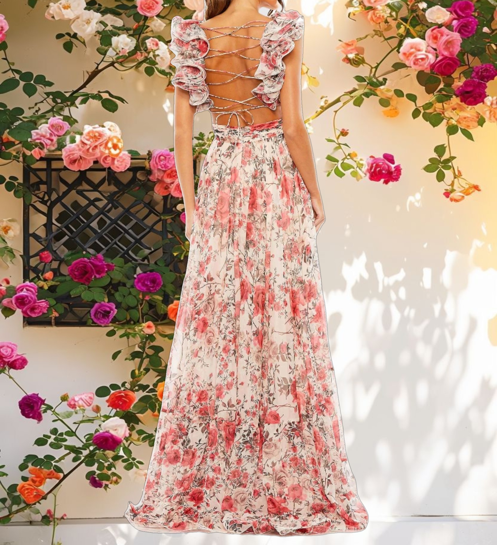 Ruffle Tiered Floral Cut Out Chiffon Gown