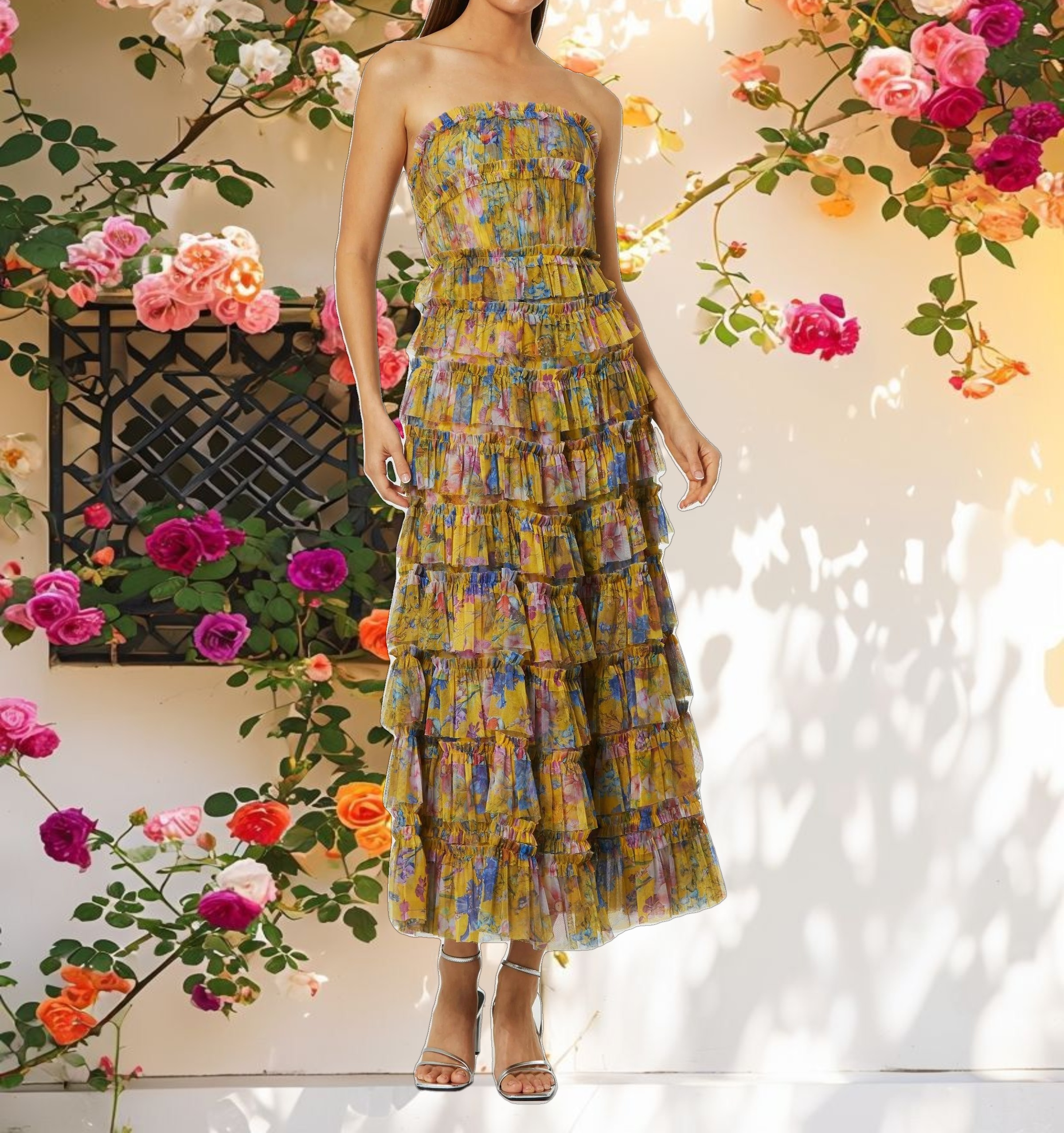 Ruffle Mesh Strapless Ankle Dress