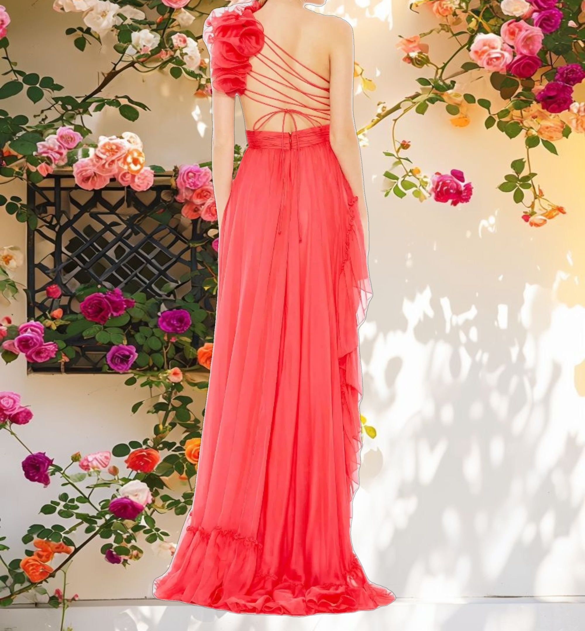 Ruffled Asymmetrical One Shoulder Gown