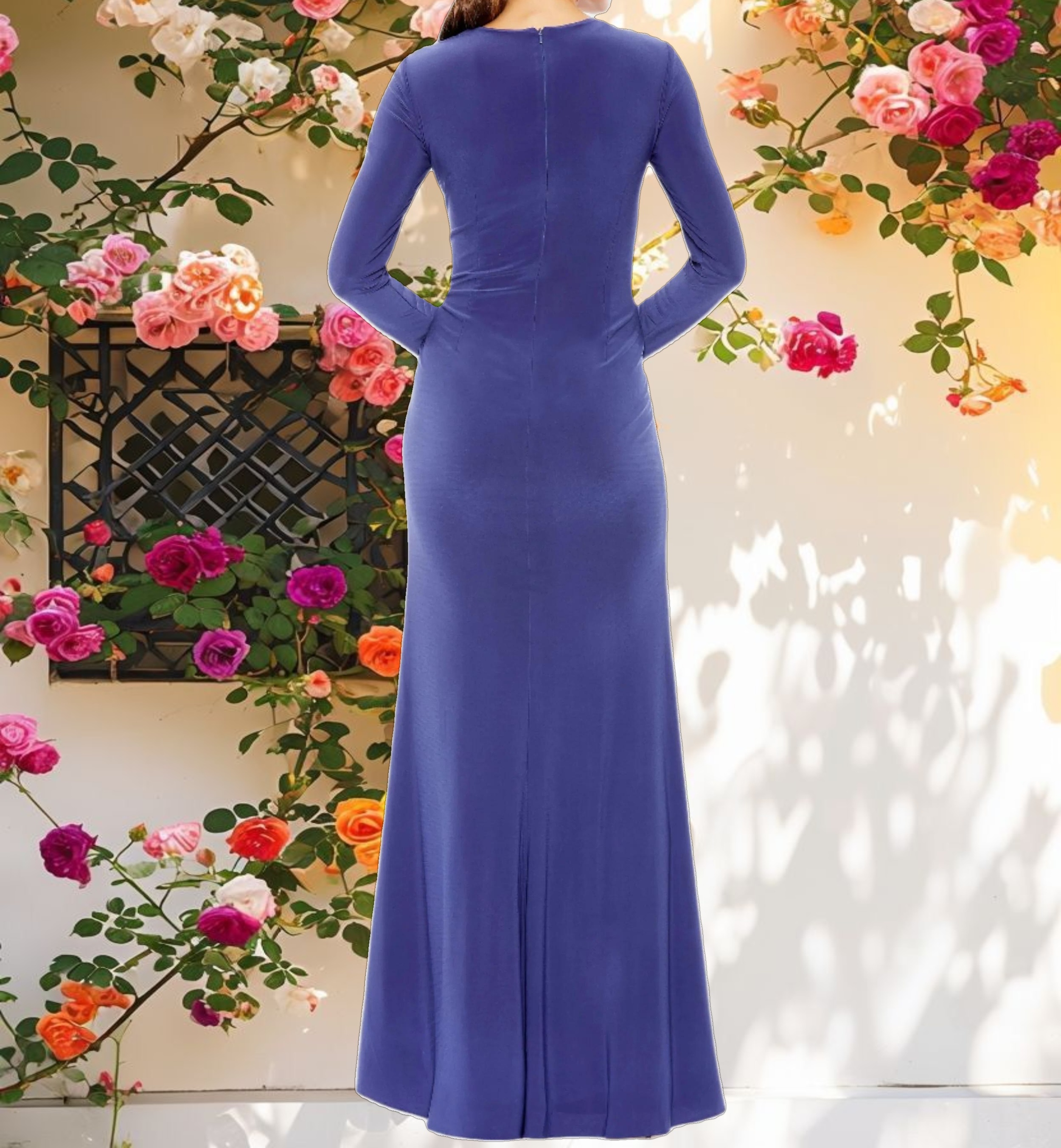 Blue Long Sleeve Keyhole Draped Gown