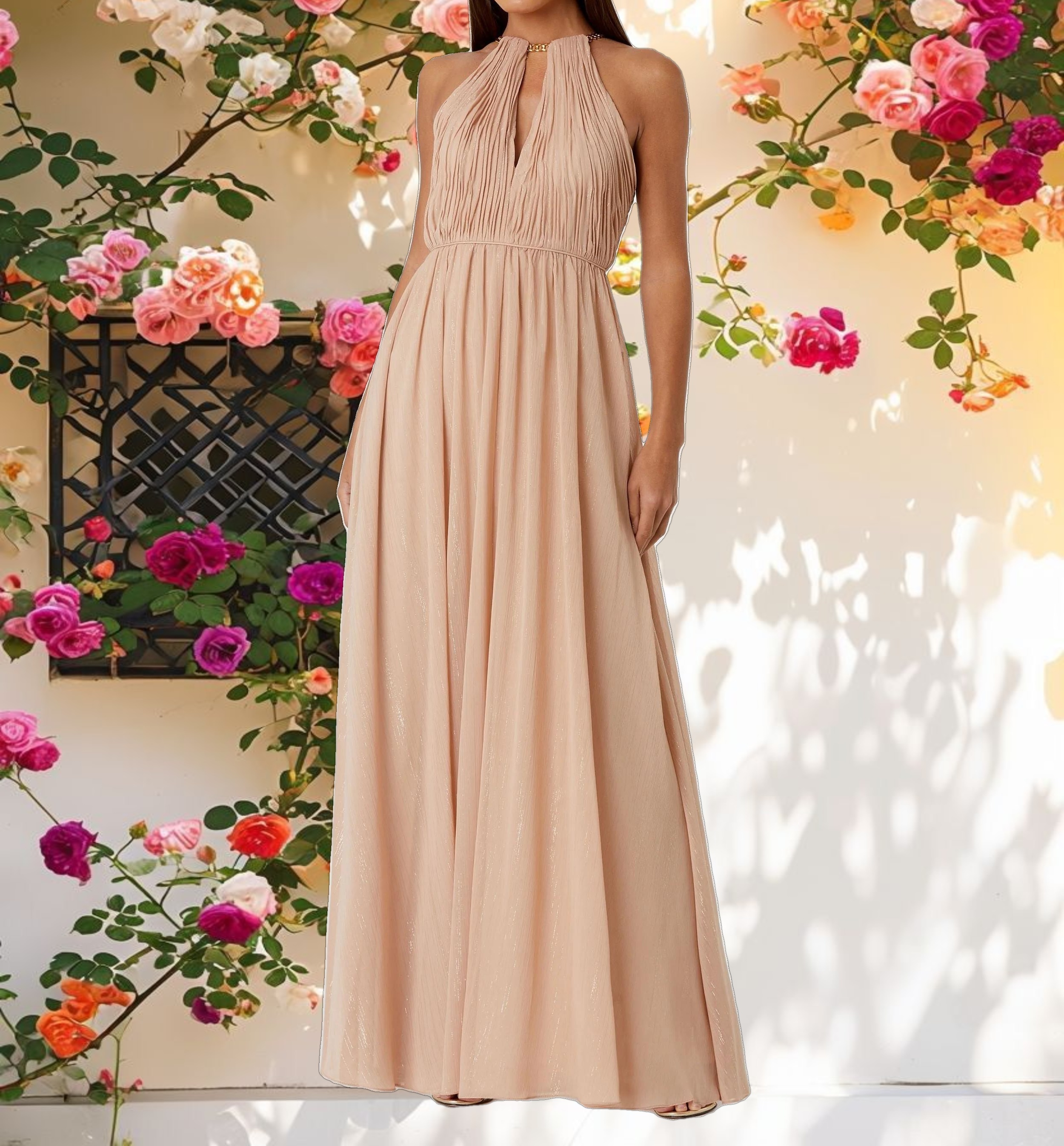 Beige Chain Trim Keyhole Halter Neck A Line Gown