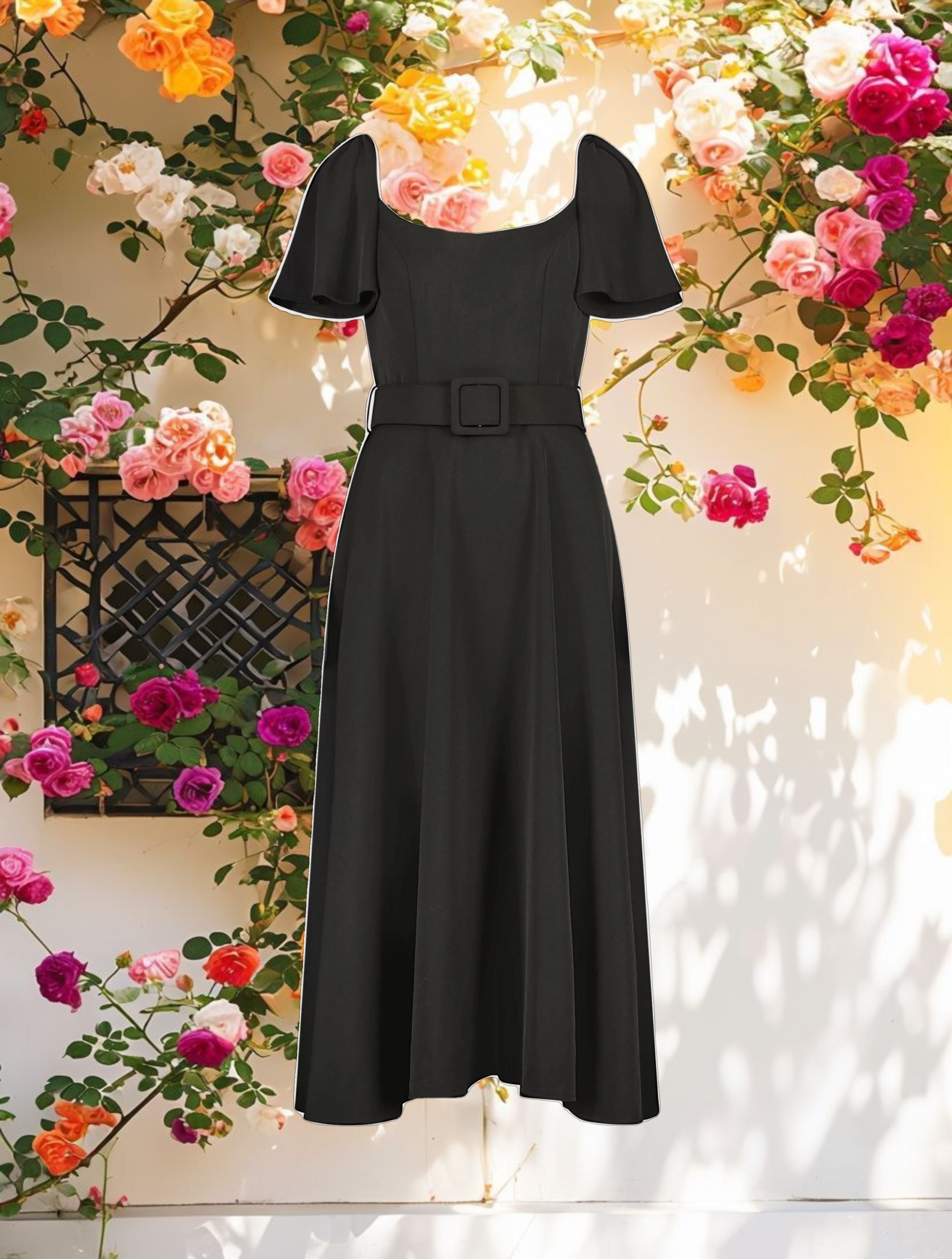 Black Crepe Ruffle Sleeve Midi Dress With Belt