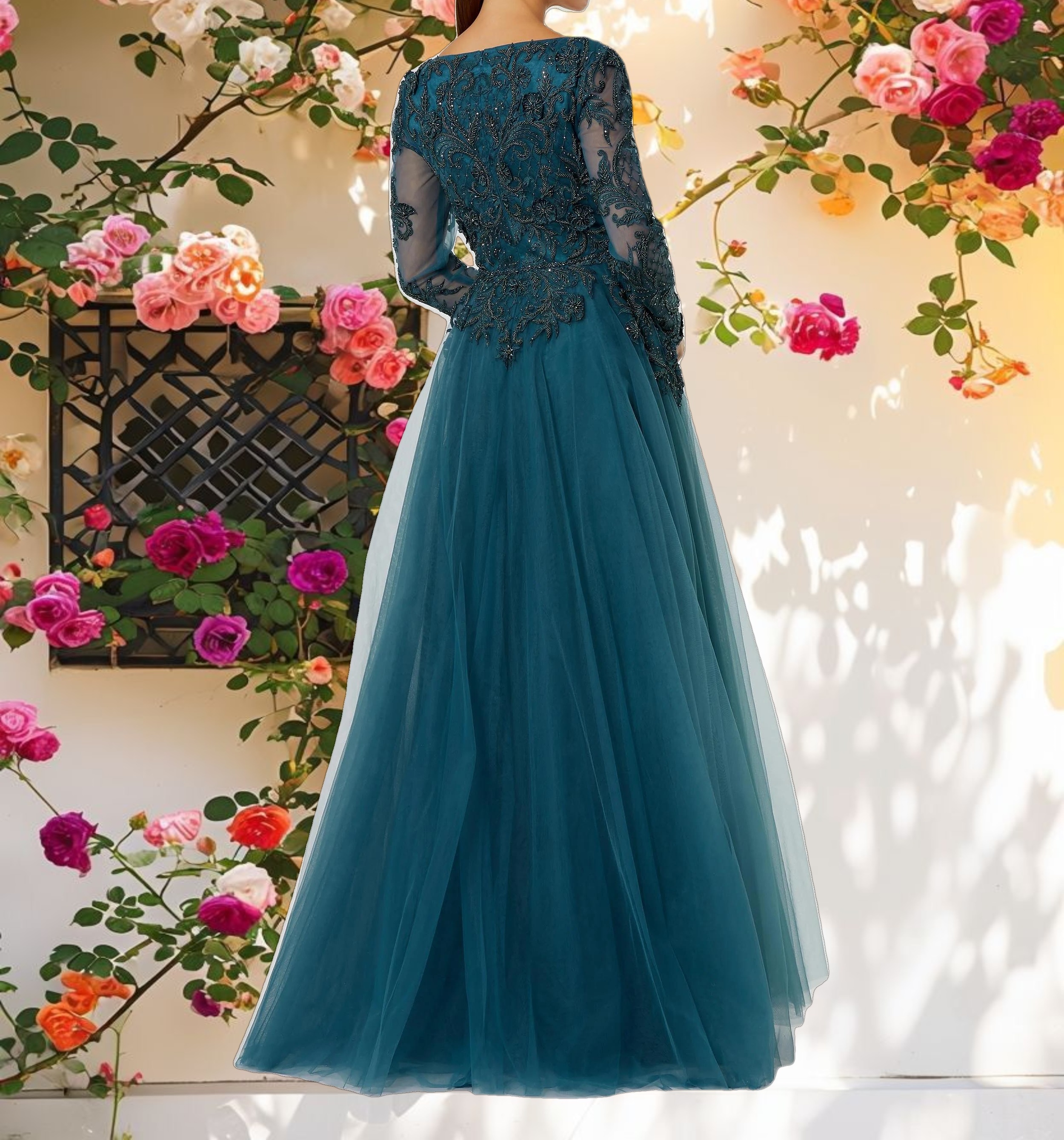 Embroidered Floral Embellished Tulle Gown