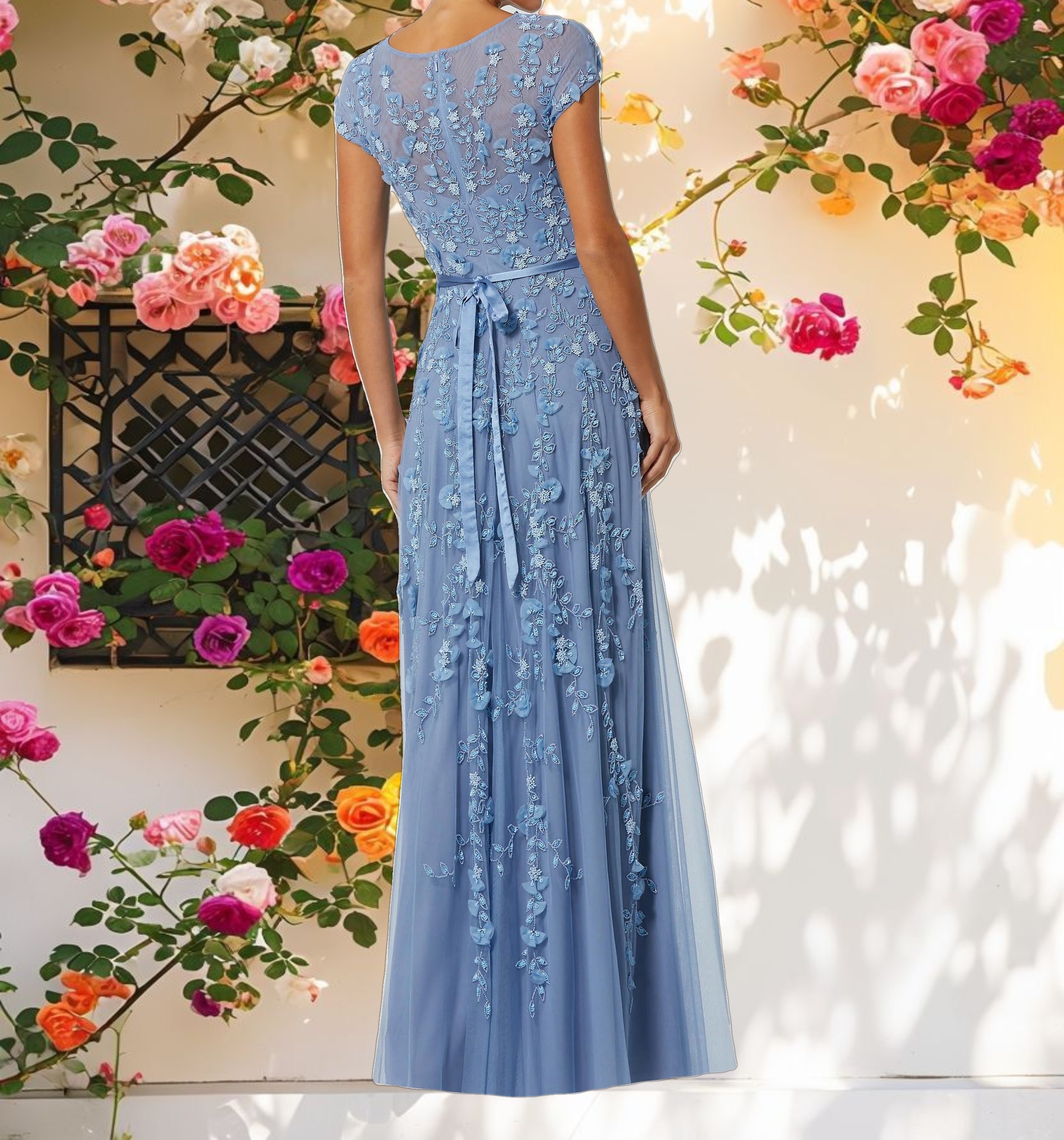 Blue Floral Embellished Short Sleeve Mesh Gown