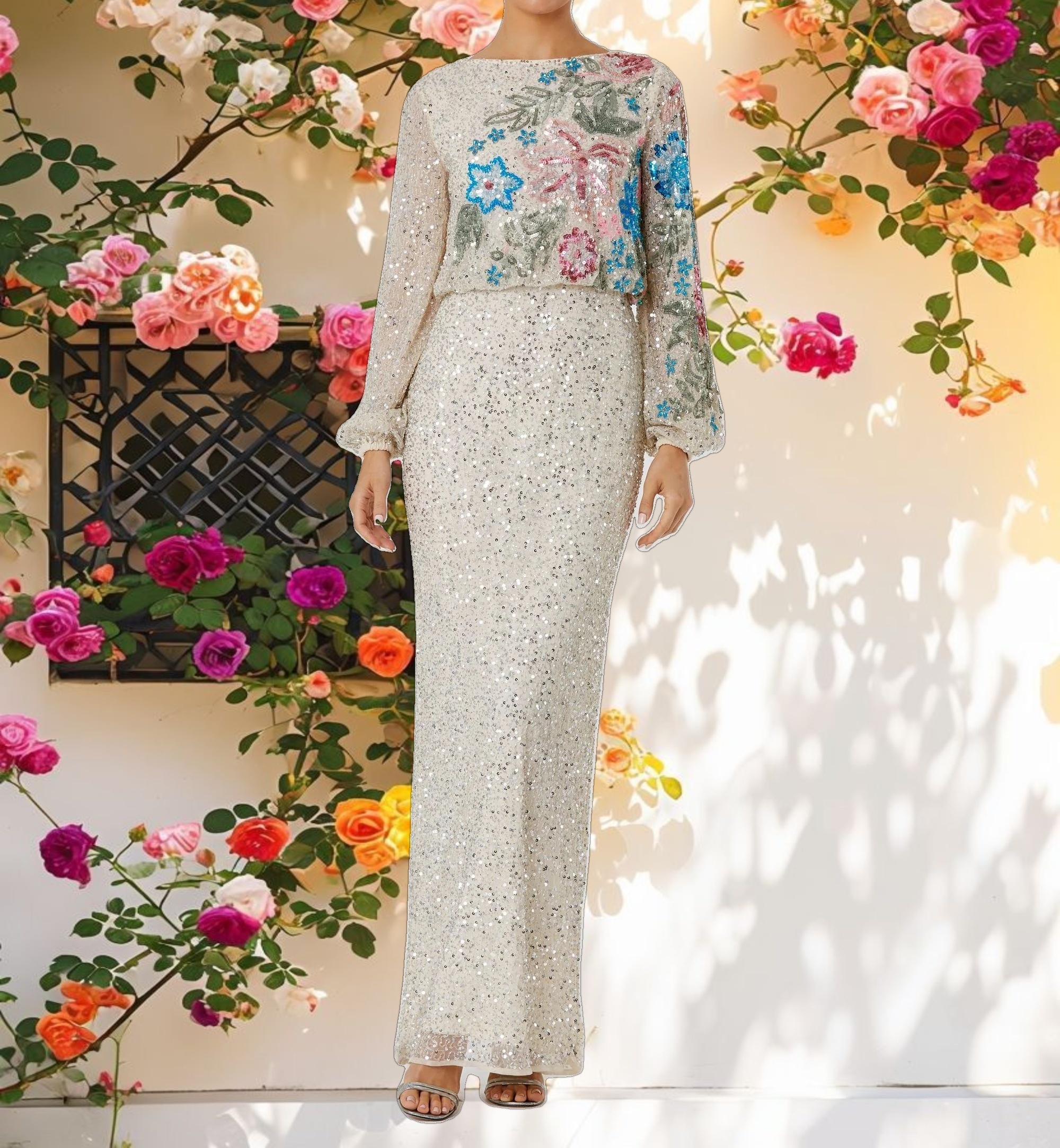 Embroidered Floral High Neck Gown
