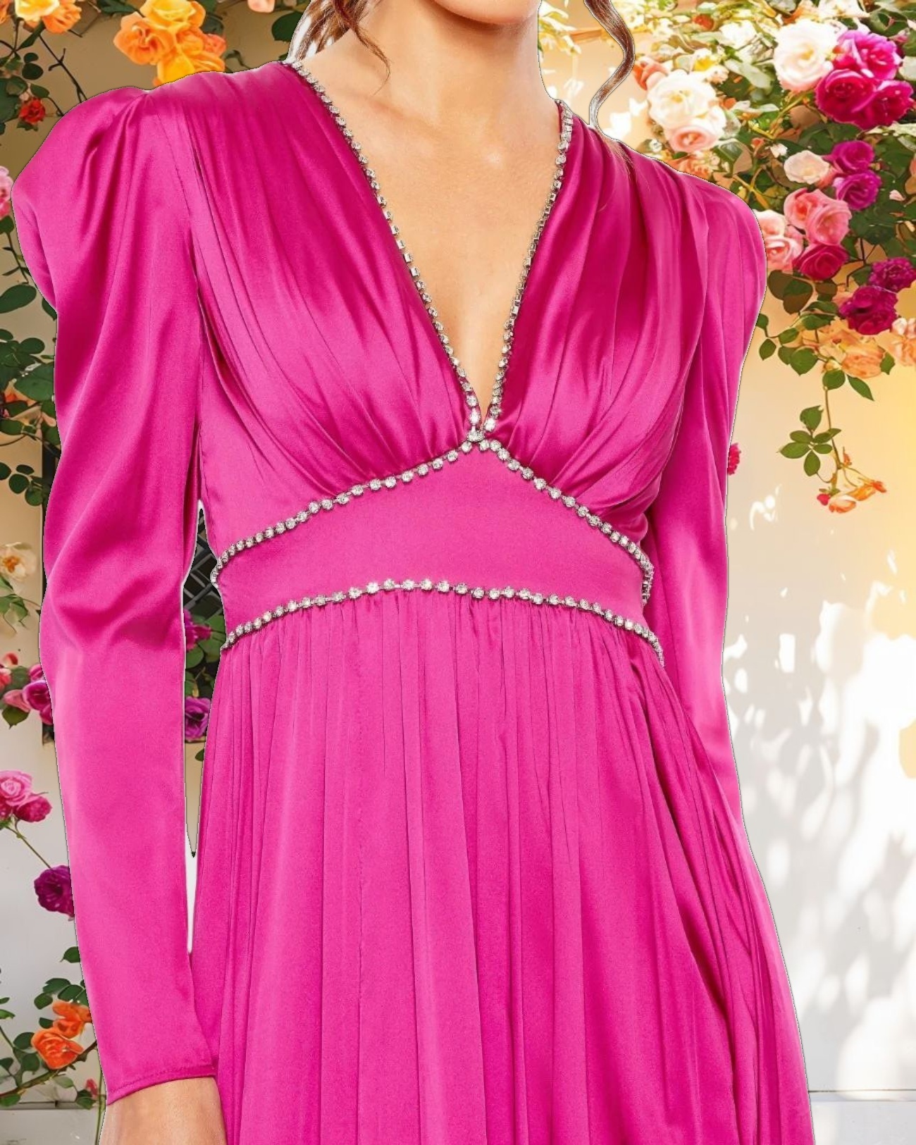 Pink Rhinestone Trim Puff Sleeve Gathered Gown