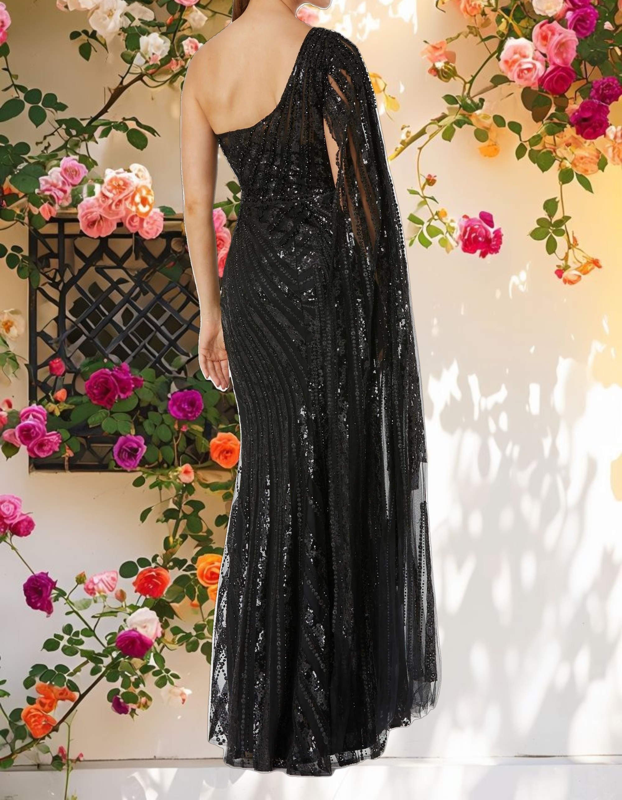 Black One Shoulder Cape Sleeve Embellished Gown