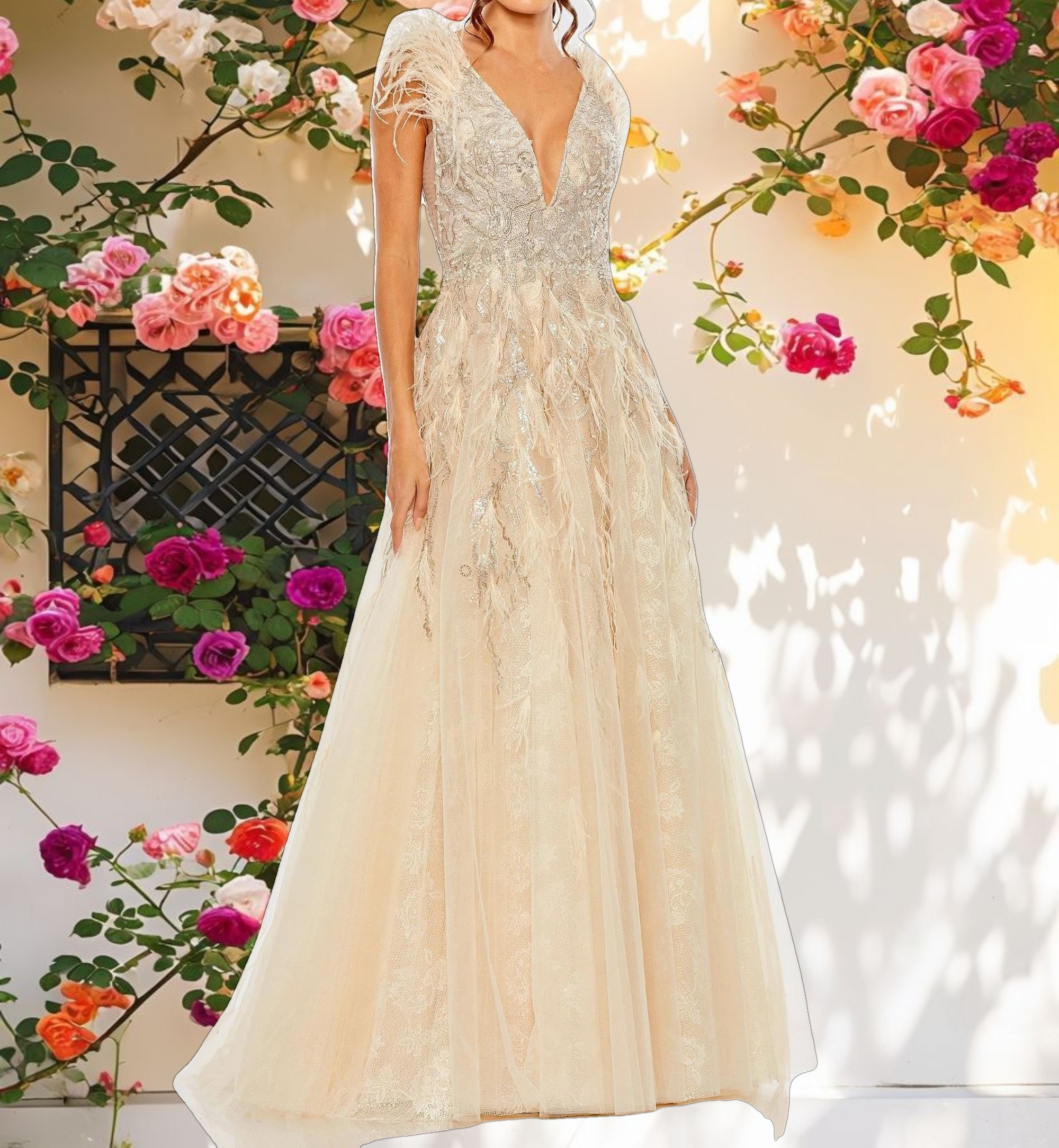 Beige Embellished Feathered Sleeveless A Line Gown