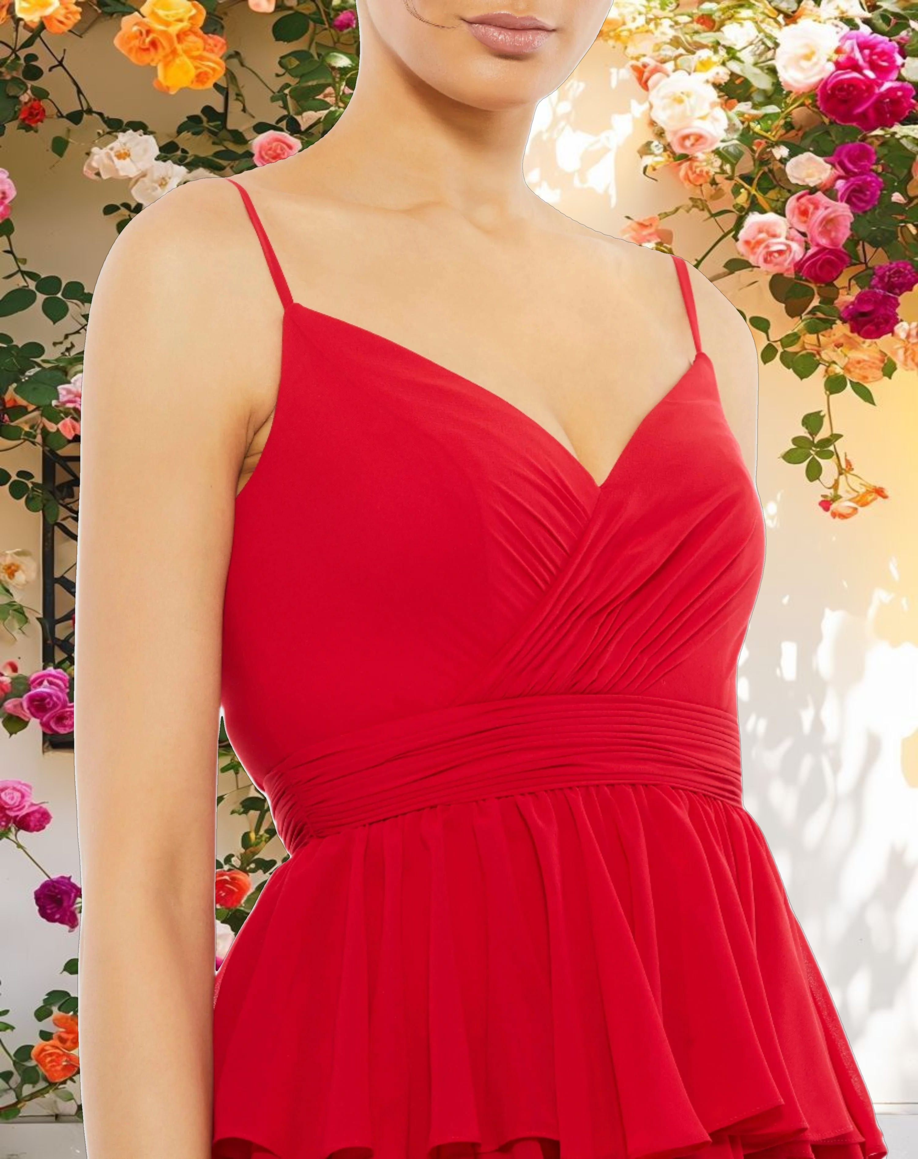 Red V Neck Sleeveless Gown with Ruffled Skirt
