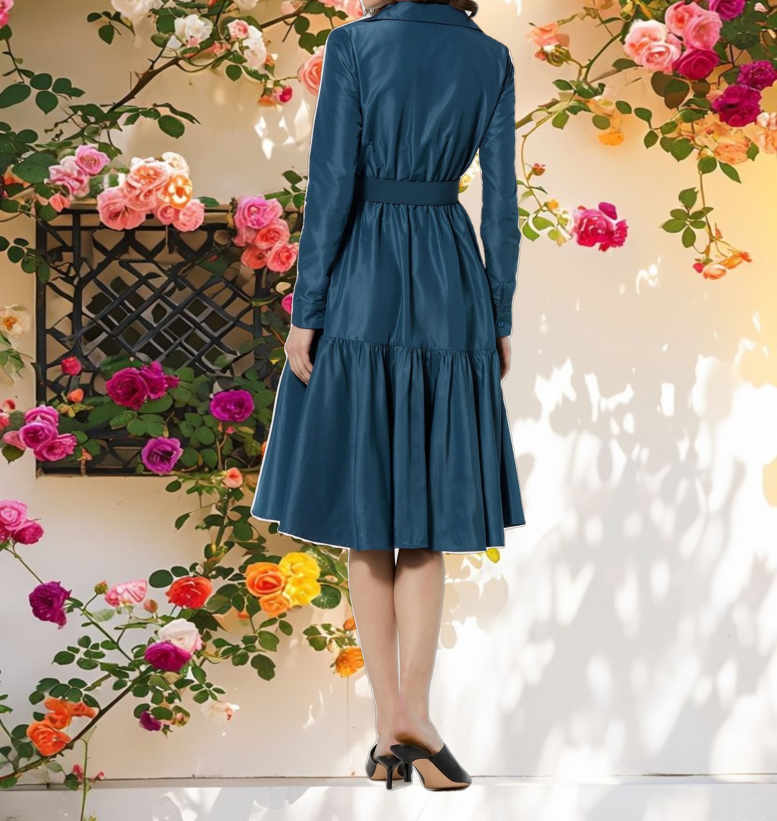 Blue Faille Long Sleeve Collared Midi Dress With Belt