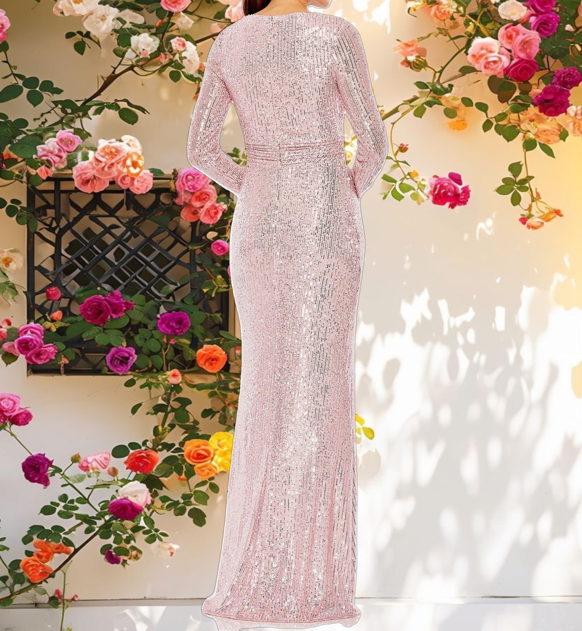 Pink Sequined Long Sleeve Gown