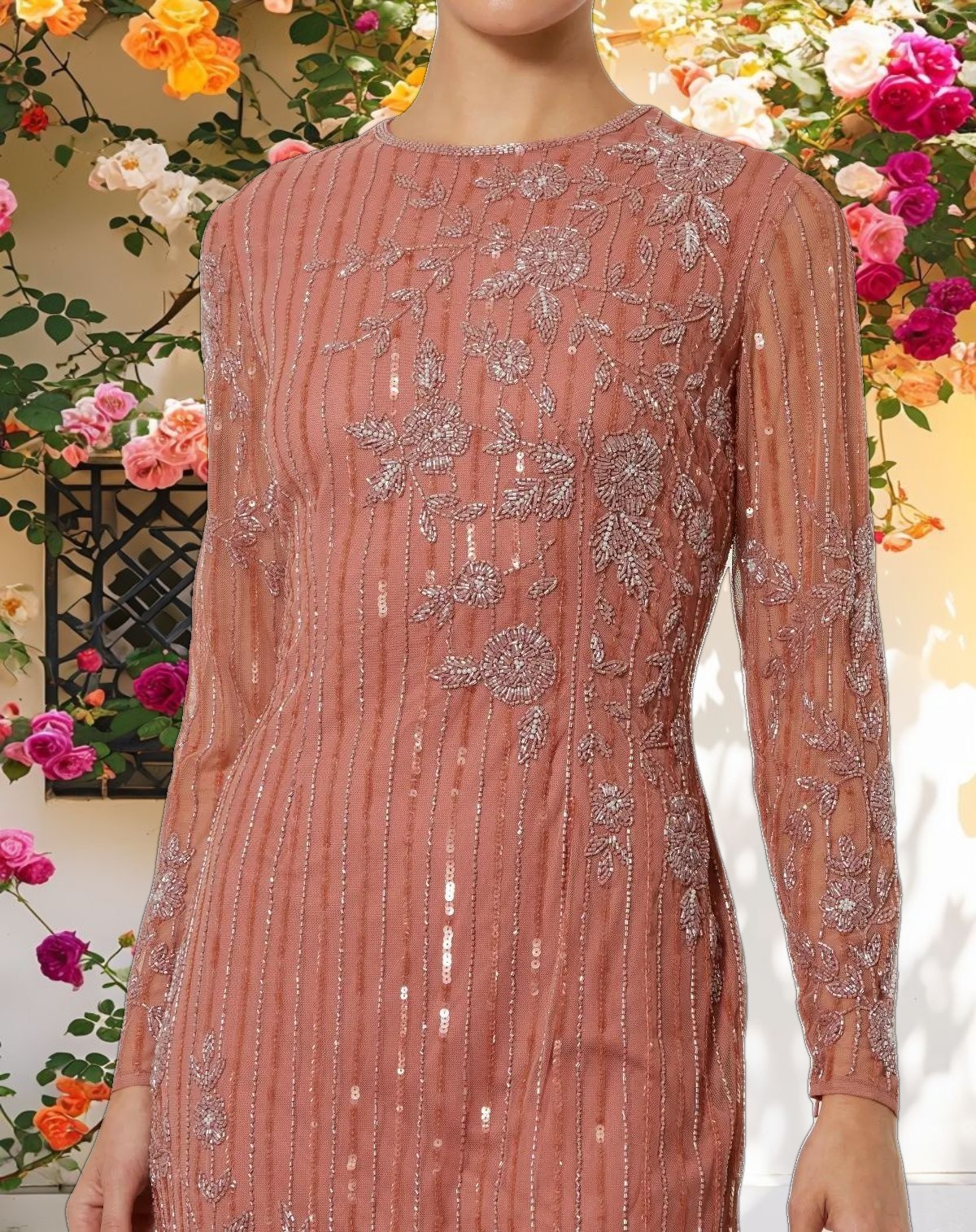 Pink Embellished High Neck Illusion Long Sleeve Gown