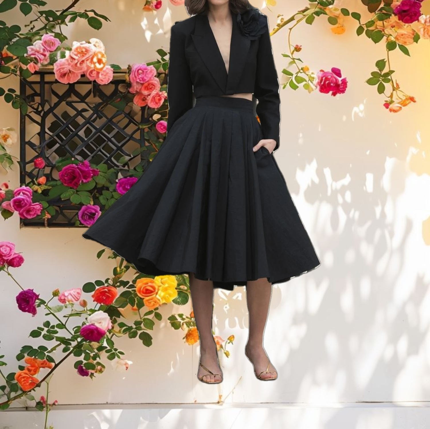 Notch Collar Crepe Cropped Tailored Blazer Jacket with 3D Flower