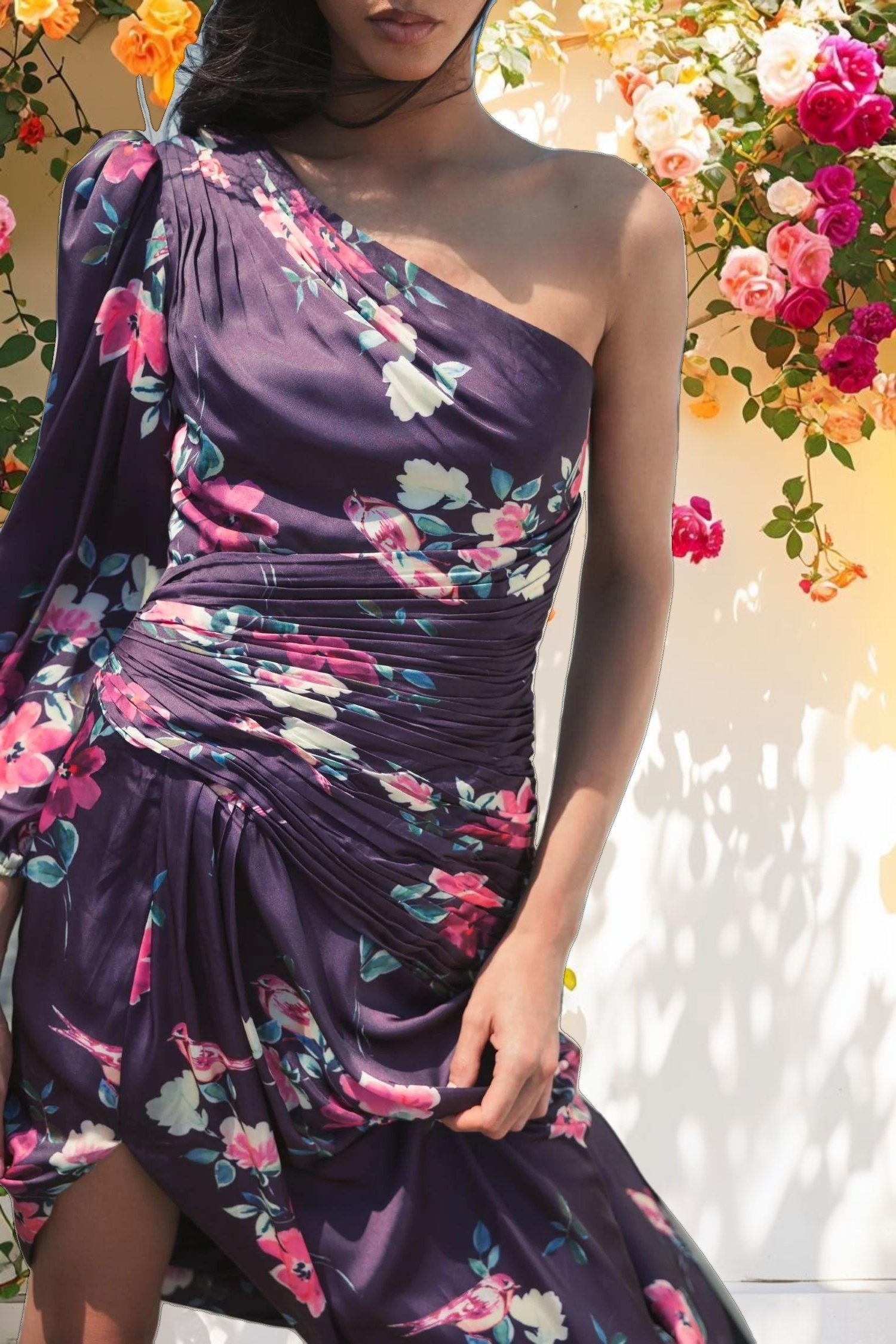 Purple Floral Print One Sleeve Gown