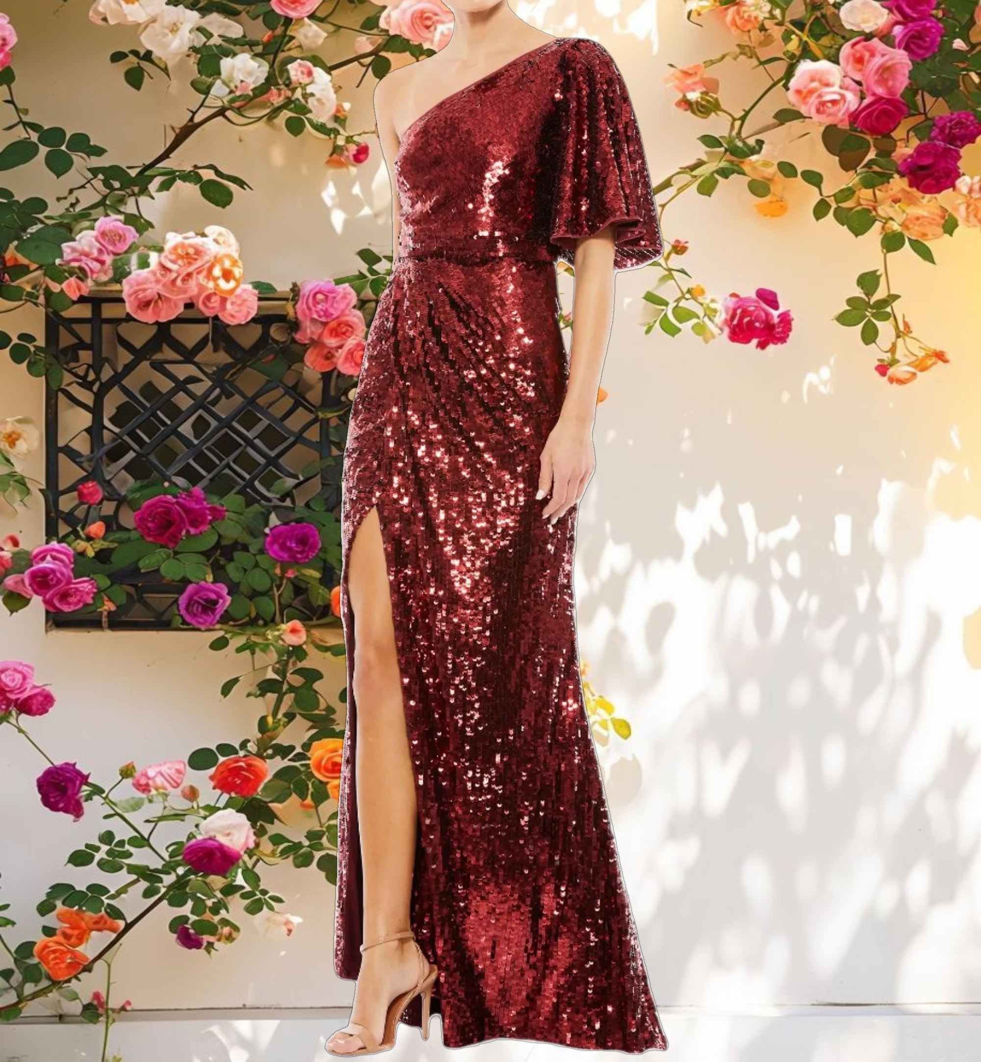 Embellished Cap Sleeve Cowl Neck Gown