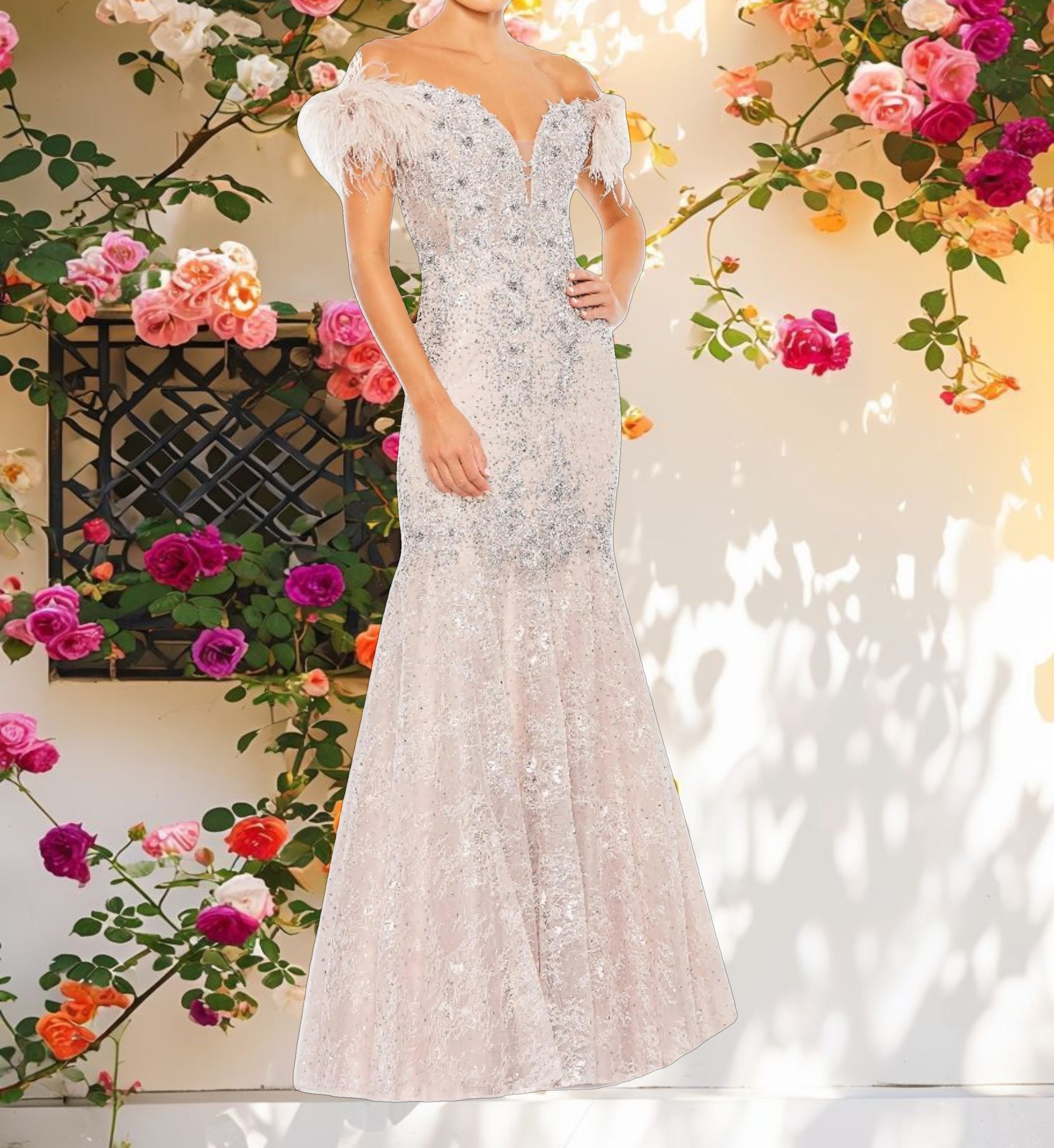 Blue Feathered Crystal Embellished Sleeveless Gown