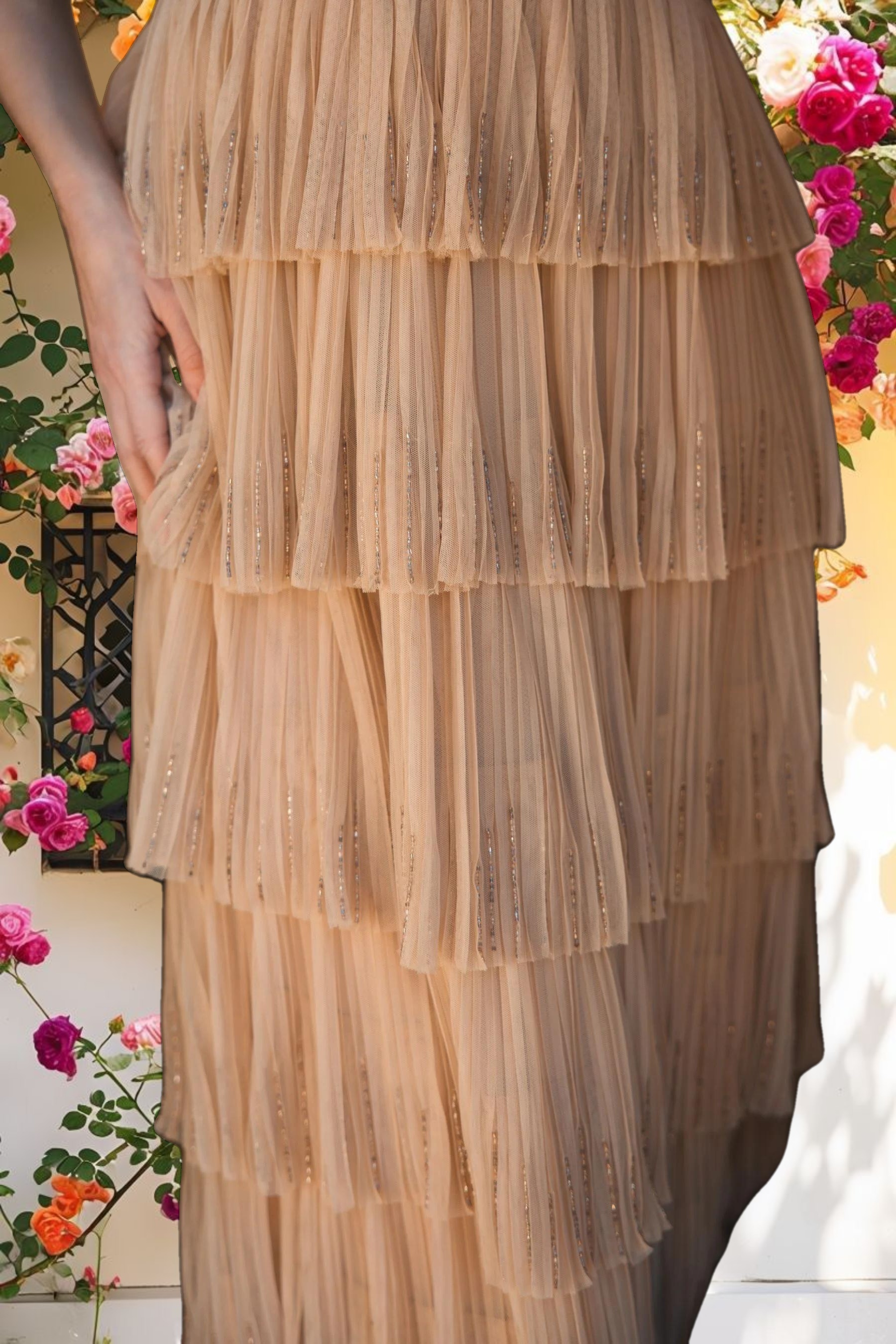 Beige Beaded Mesh V Neck Gown With Tiered Ruffles