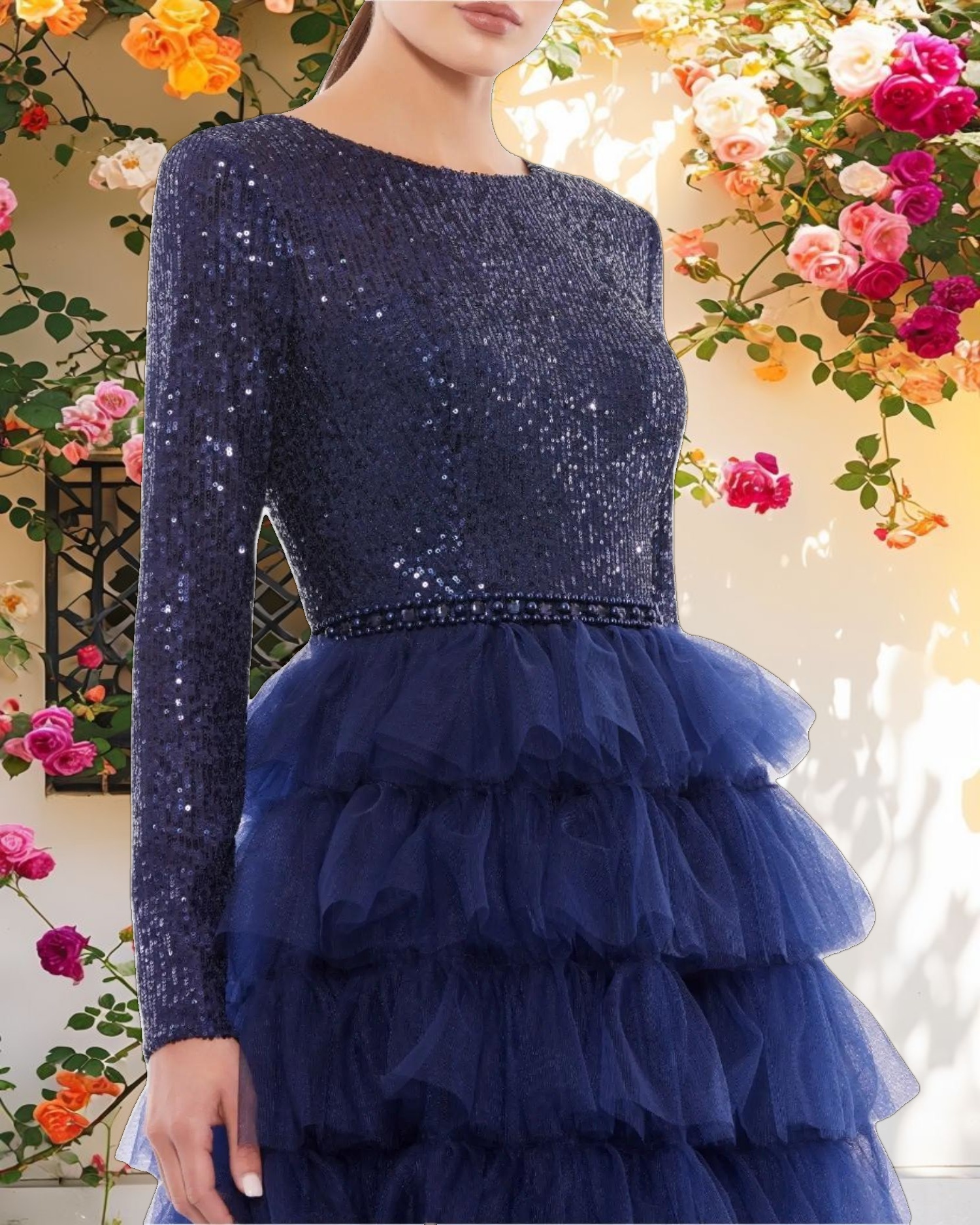 Blue Long Sleeve Ruffle Tiered Midi Dress