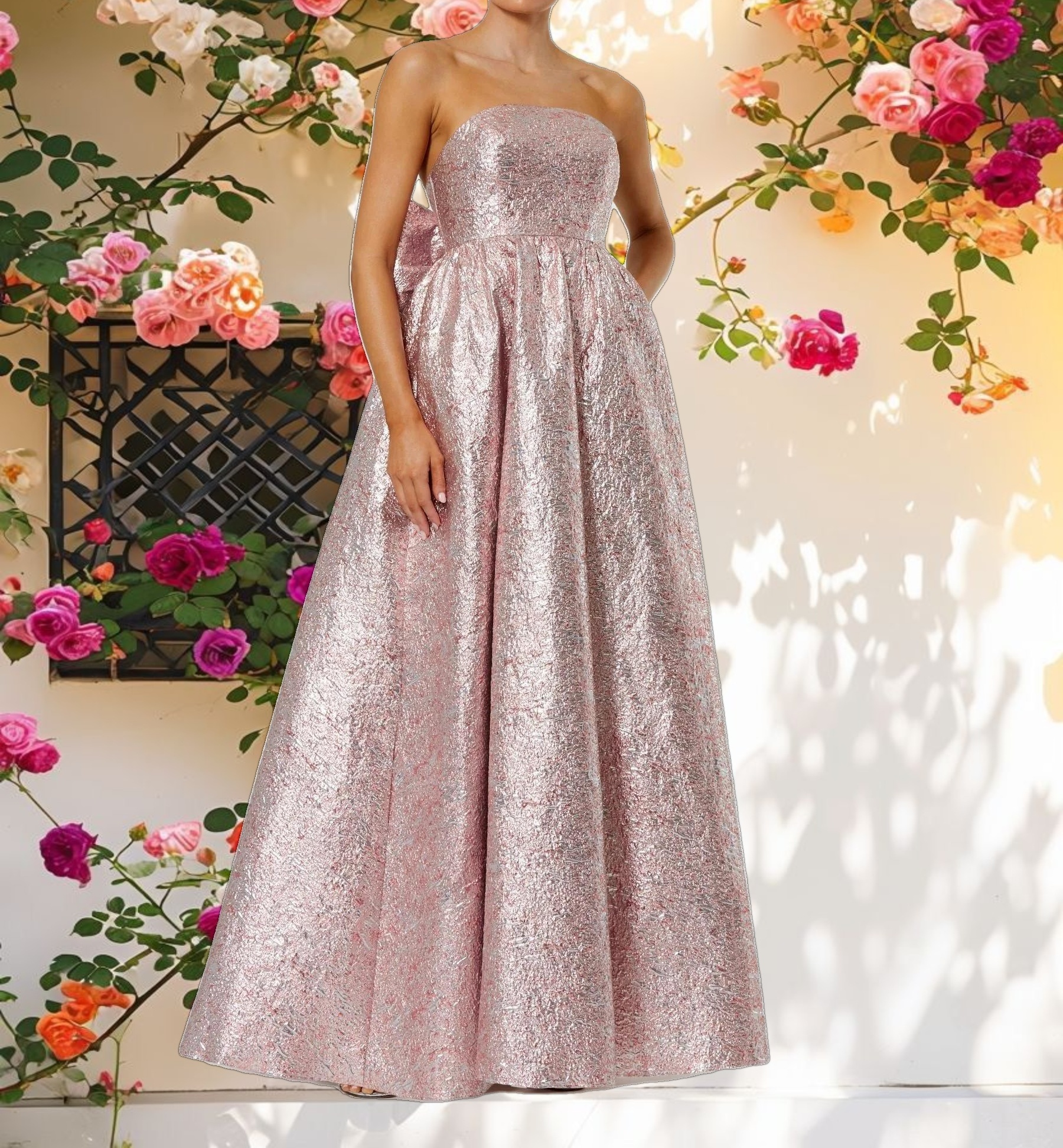 Metallic Brocade Gown With Oversized Bow