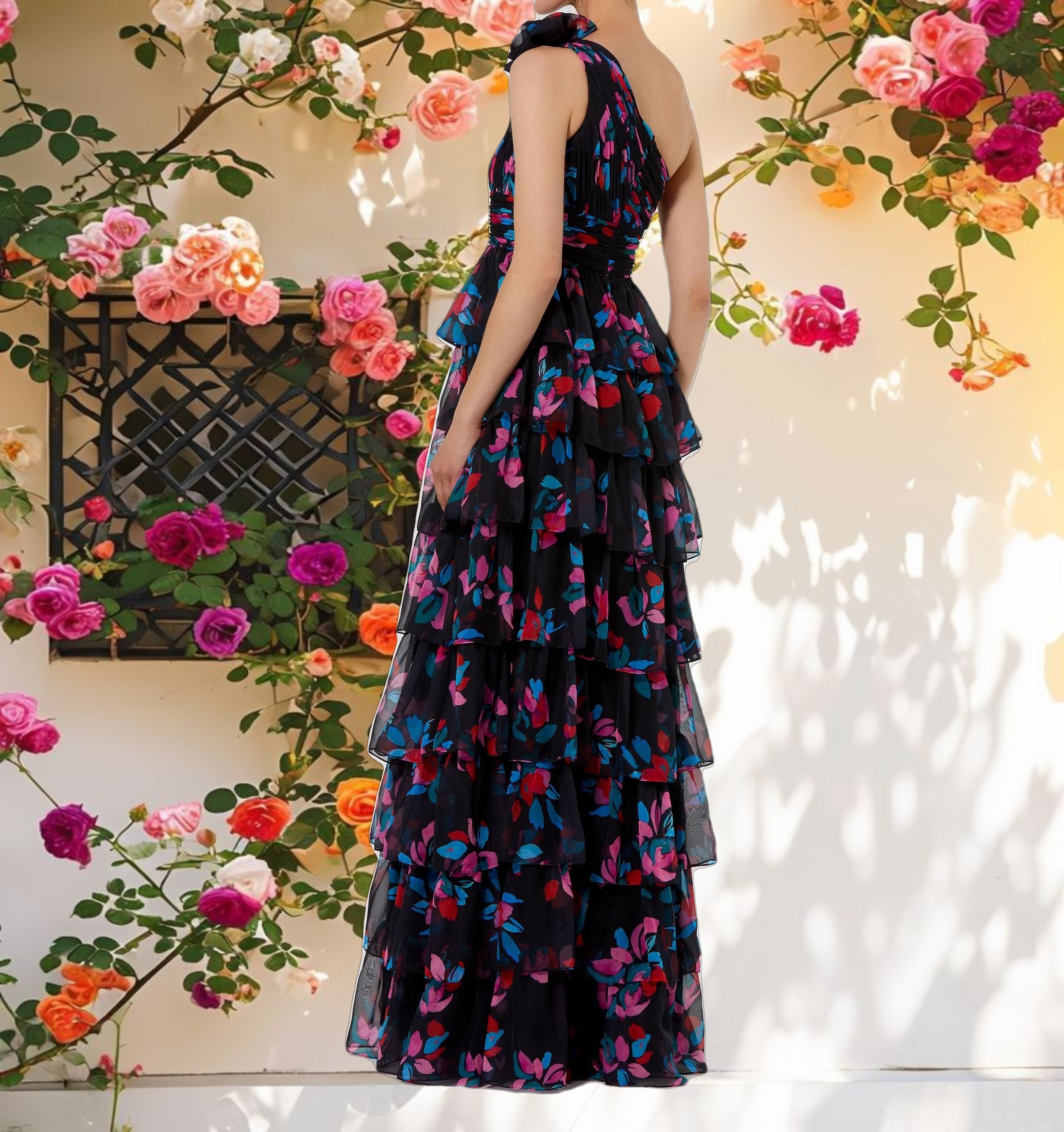 Black Floral Chiffon One Shoulder Tiered Ruffle Gown