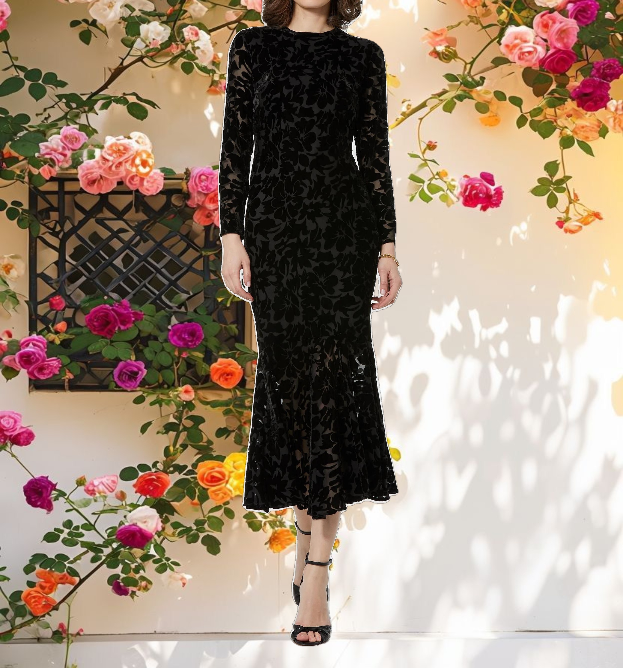 Dark Velvet Long Sleeve Ruffle Hem Midi Dress