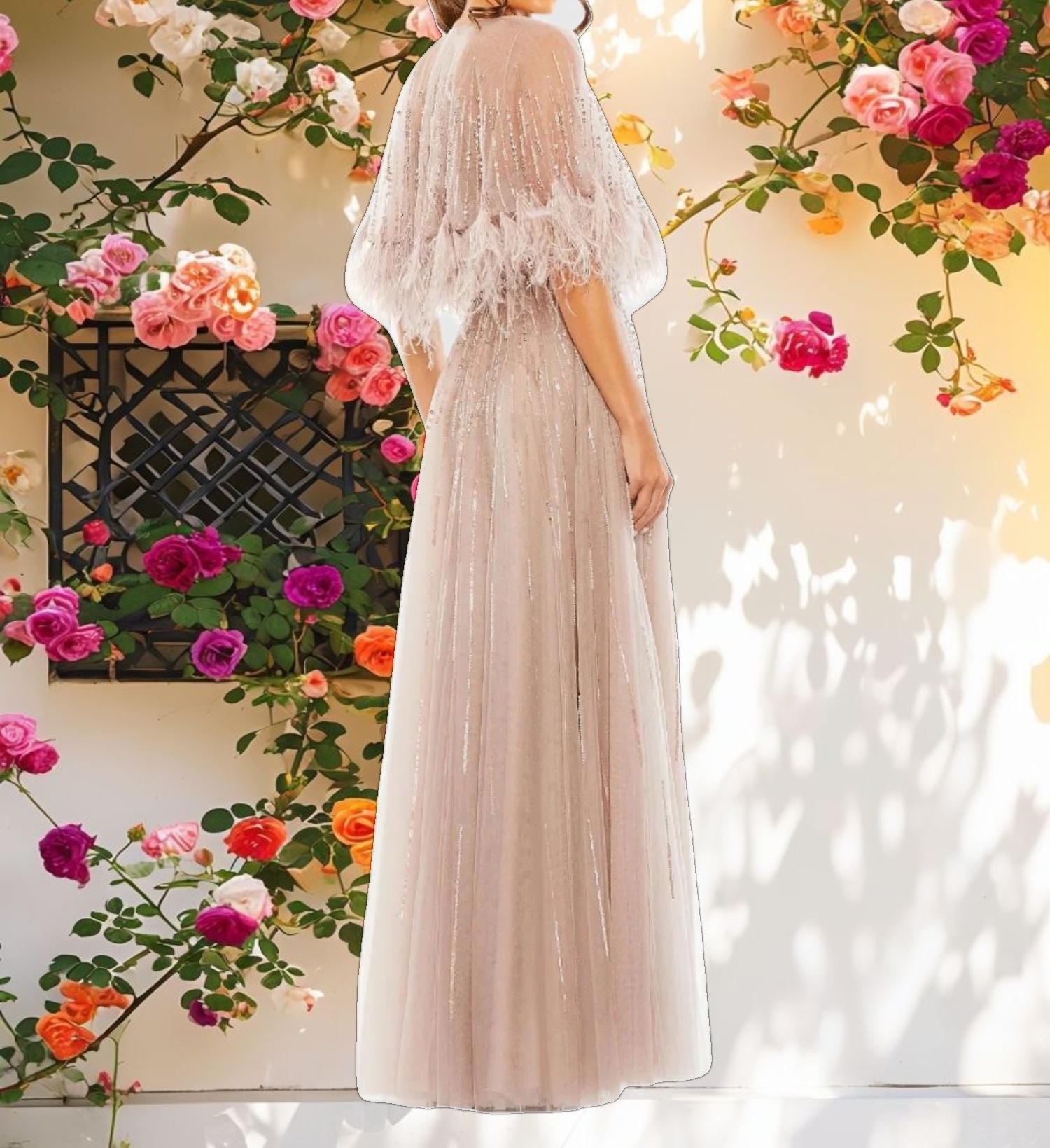 Beige Embellished A Line Dress with Feather Detail Cape