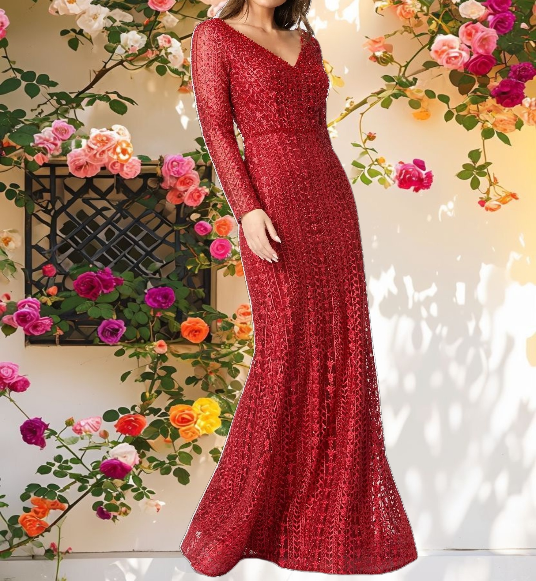 Red Embroidered Long Sleeve V Neck Gown