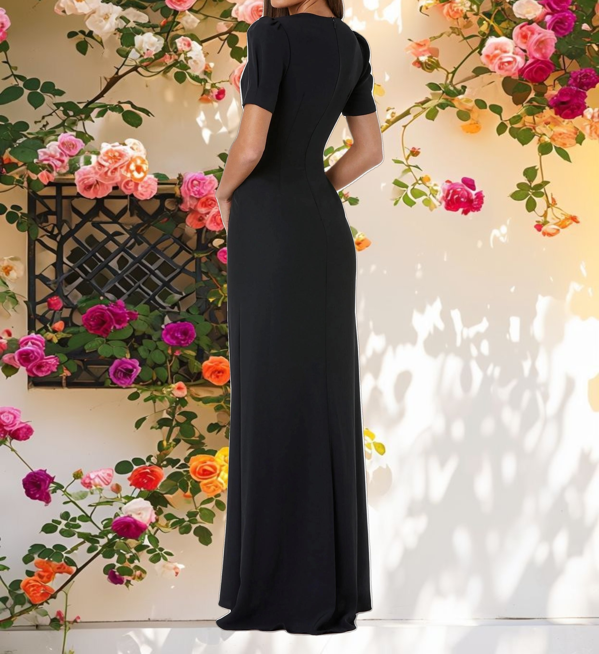 Black Plunge Neck Puff Sleeve Cut Out Gown