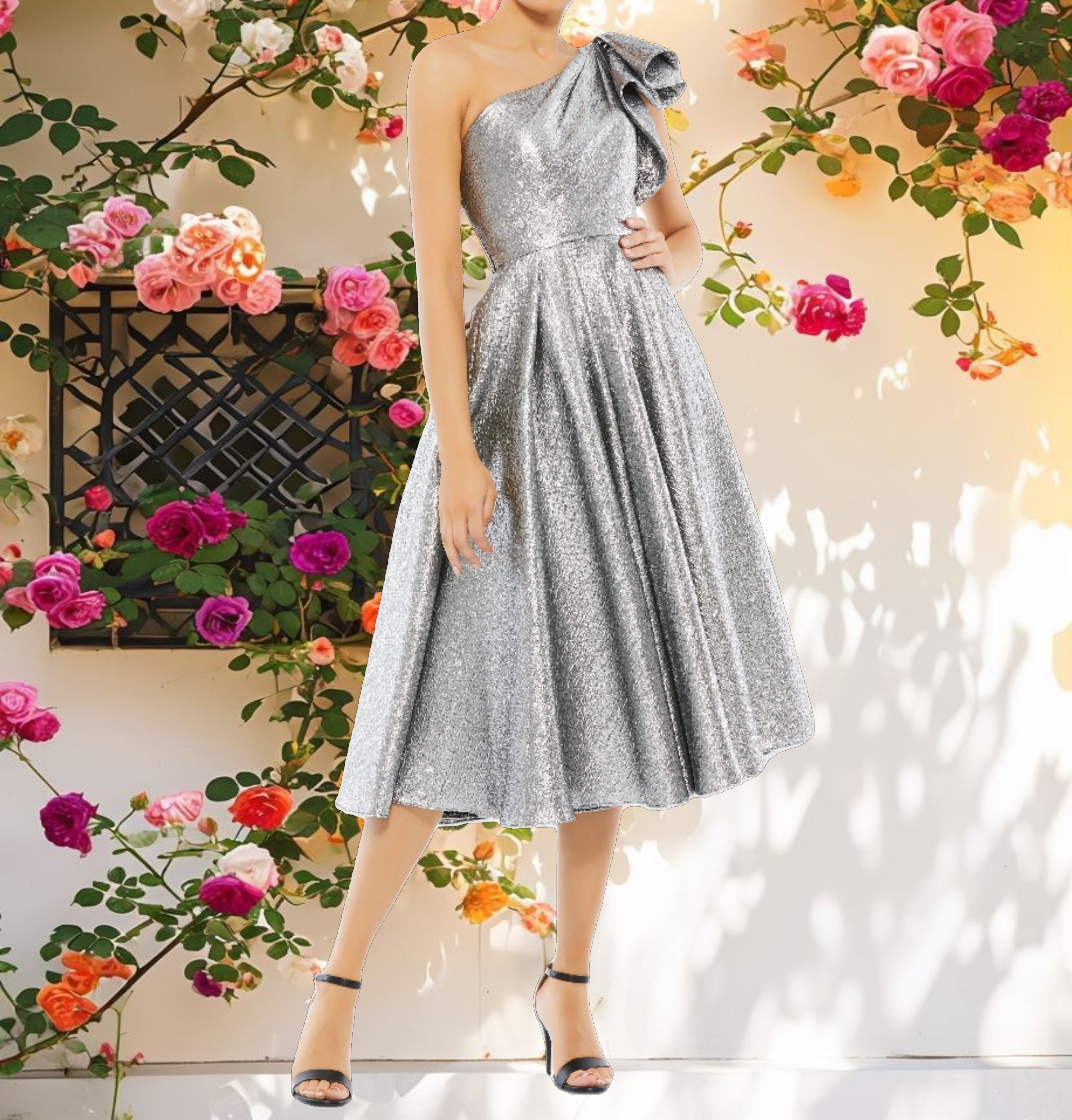 One Shoulder Bow Midi Dress