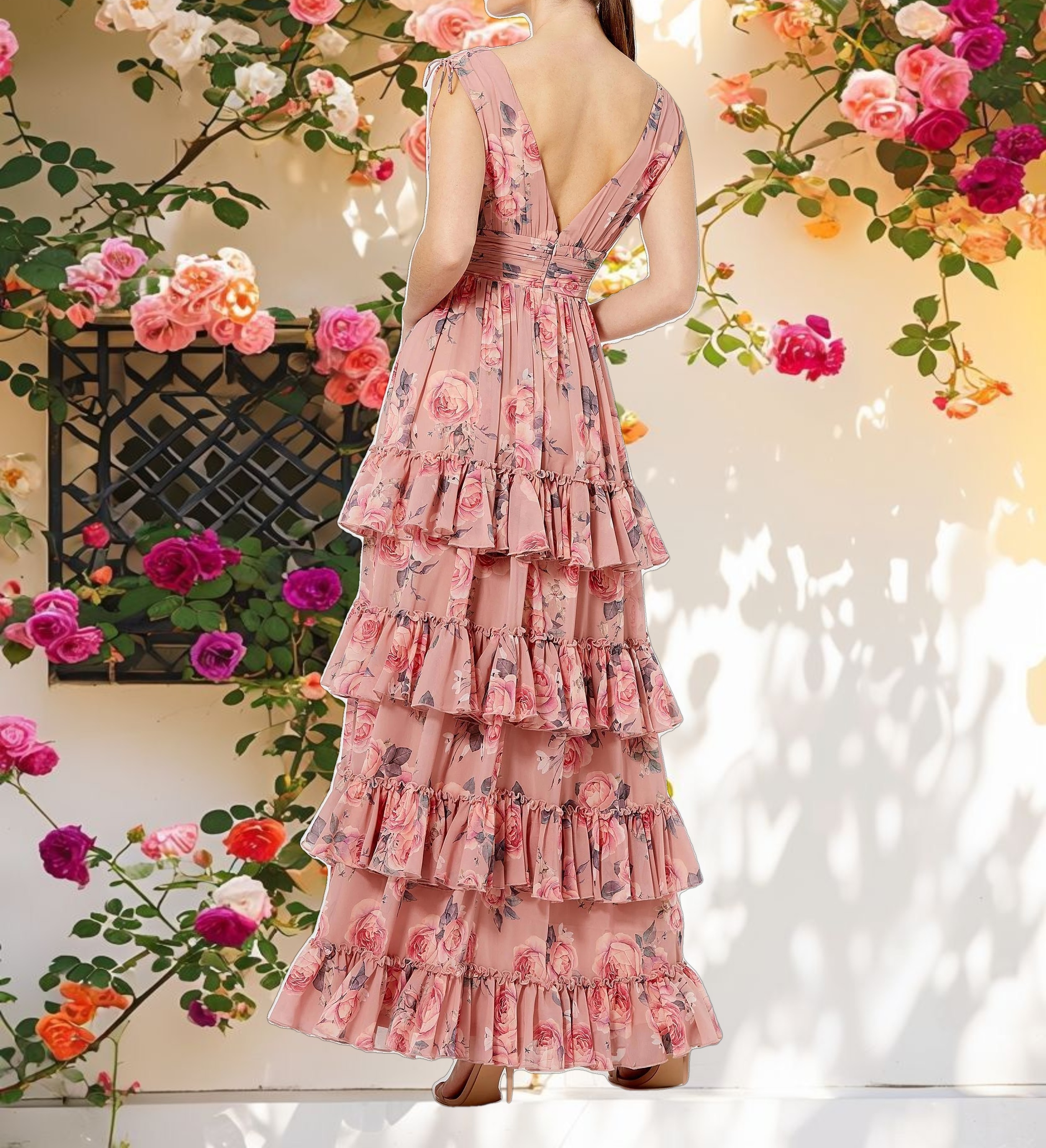 Pink Drawstring Shoulder Chiffon Tiered Floral Dress