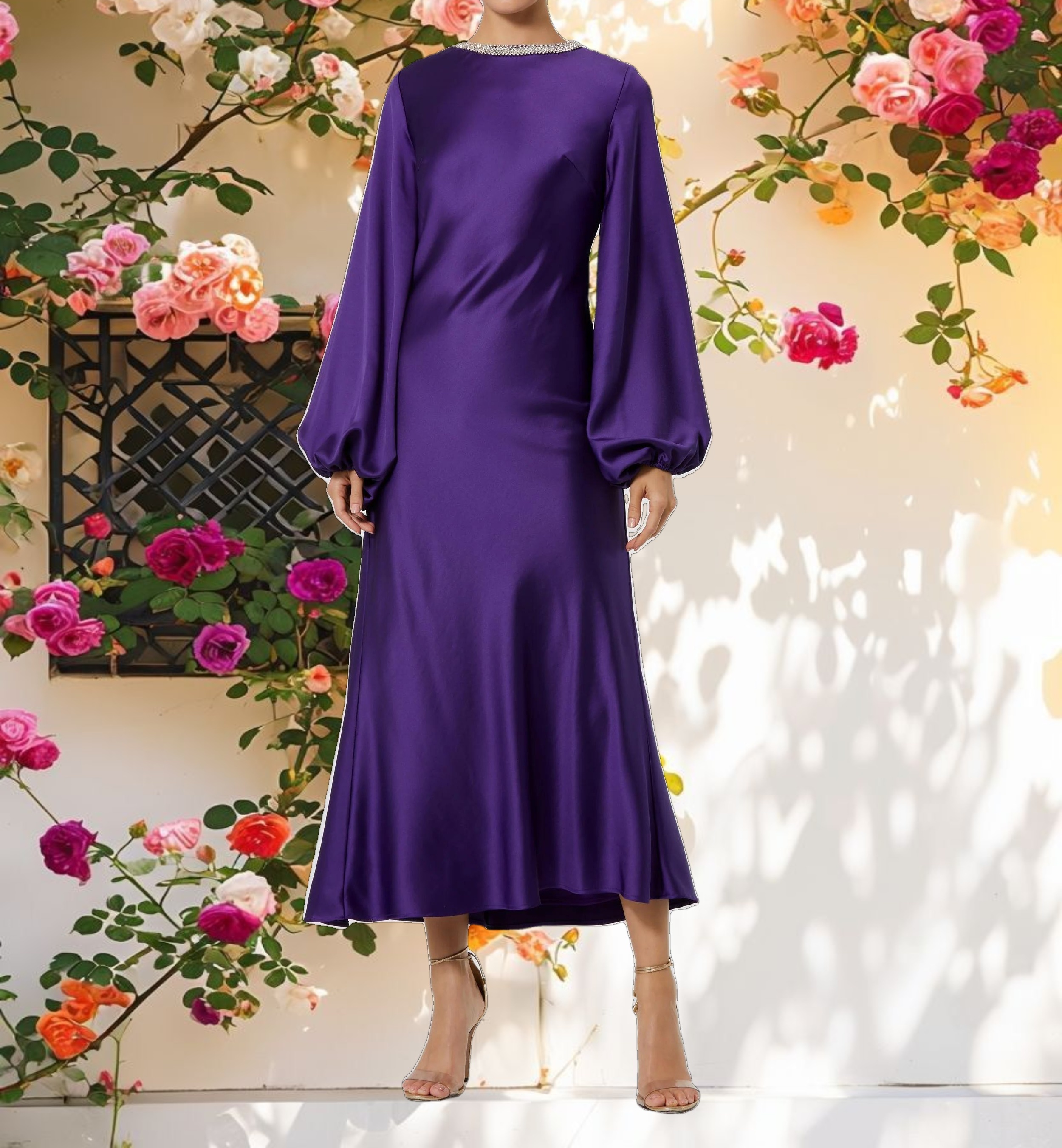Purple High Neck Long Sleeve Crystal Detail Dress