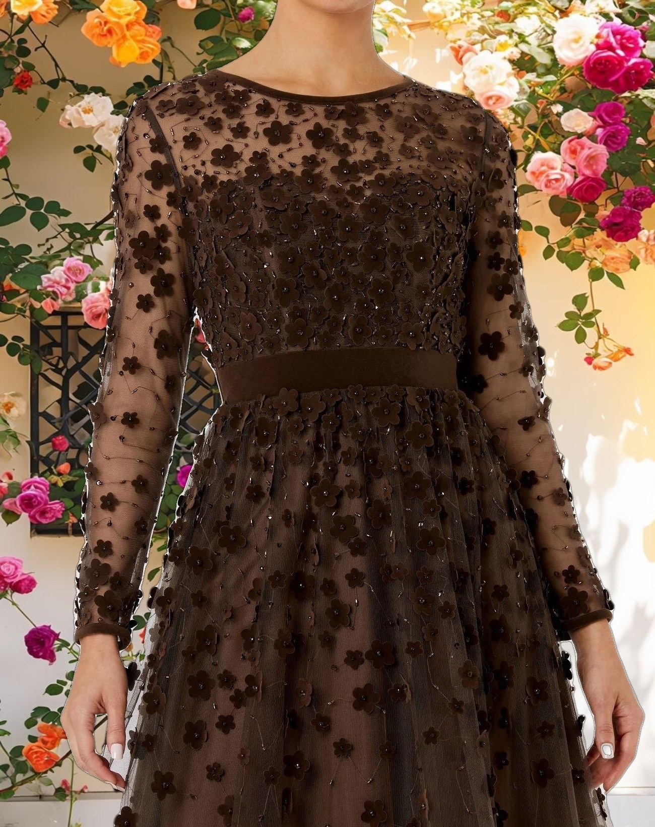 Brown Embellished Illusion High Neck Long Sleeve Fit & Flare Dress