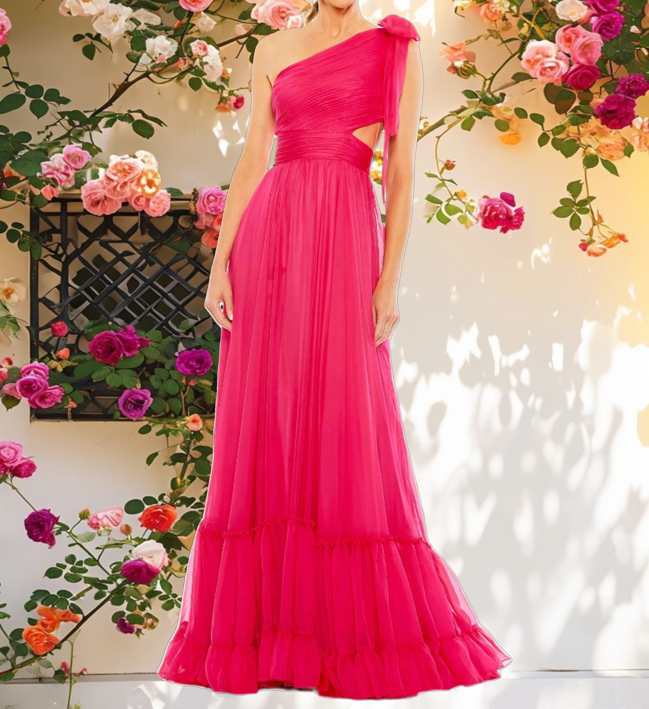 Pink Tiered One Shoulder Ruched Gown
