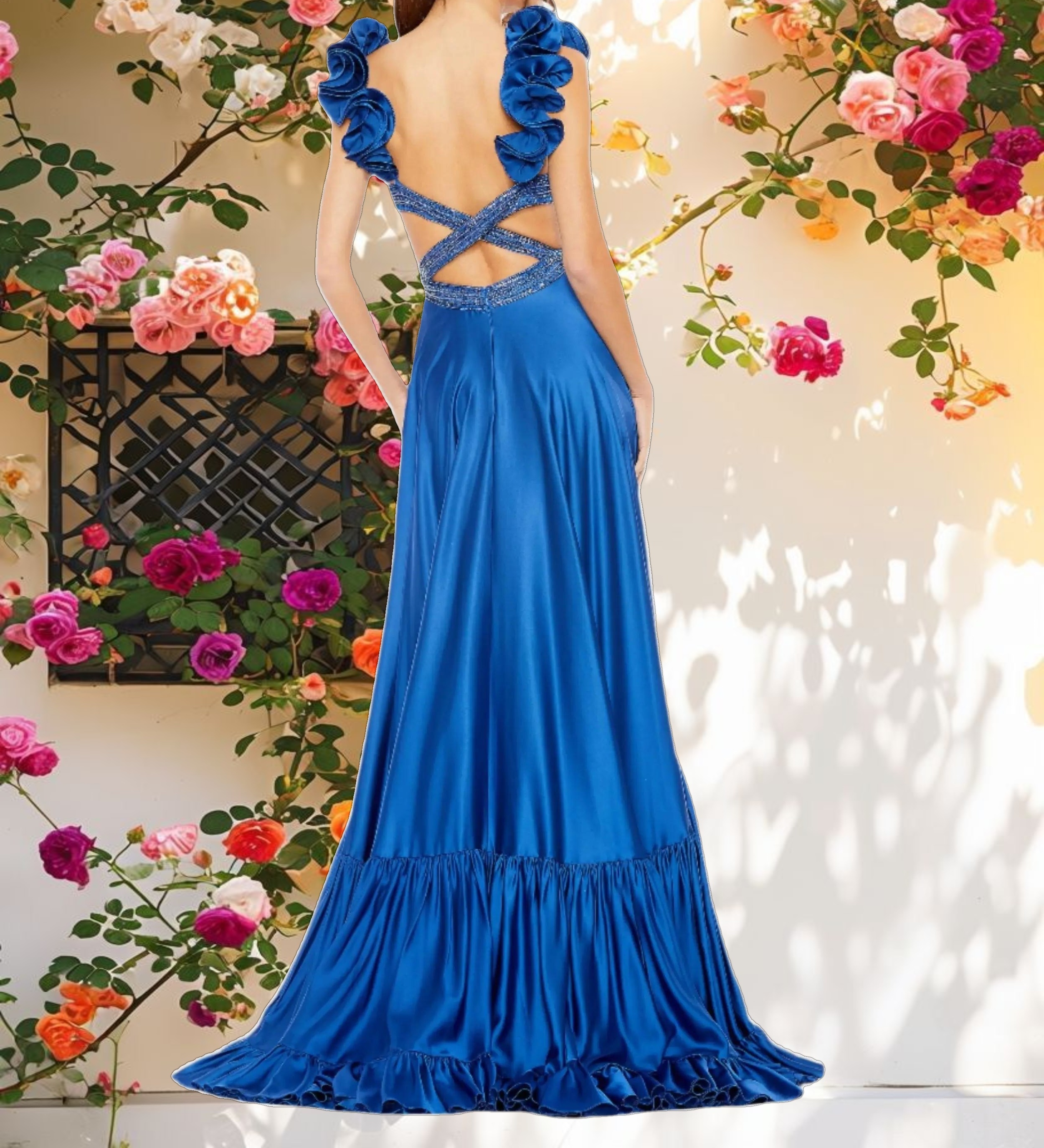 Blue Beaded Cross Cut Out Ruffled Strap A Line Gown