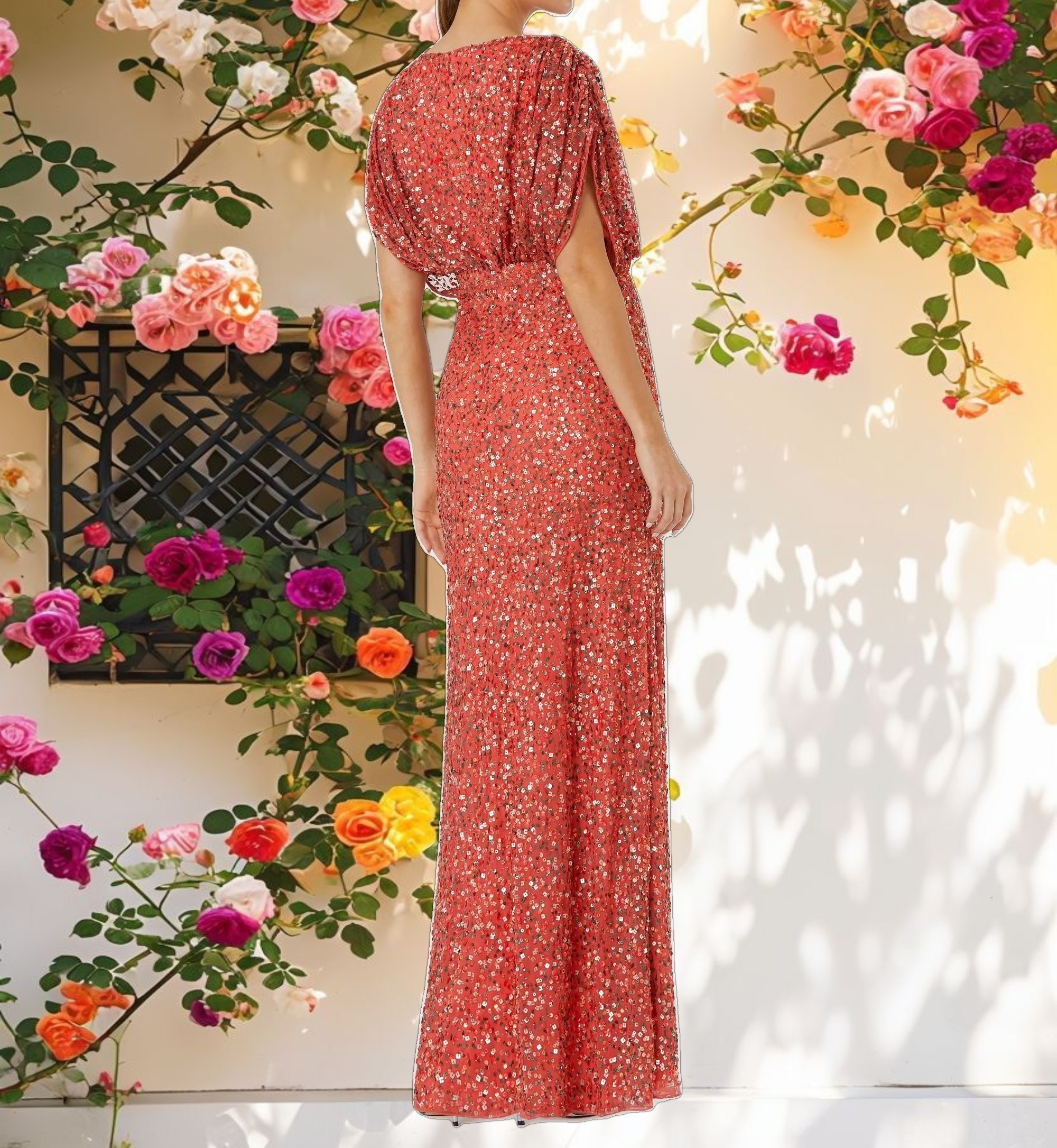 Red Draped Sleeve V Neck Gown