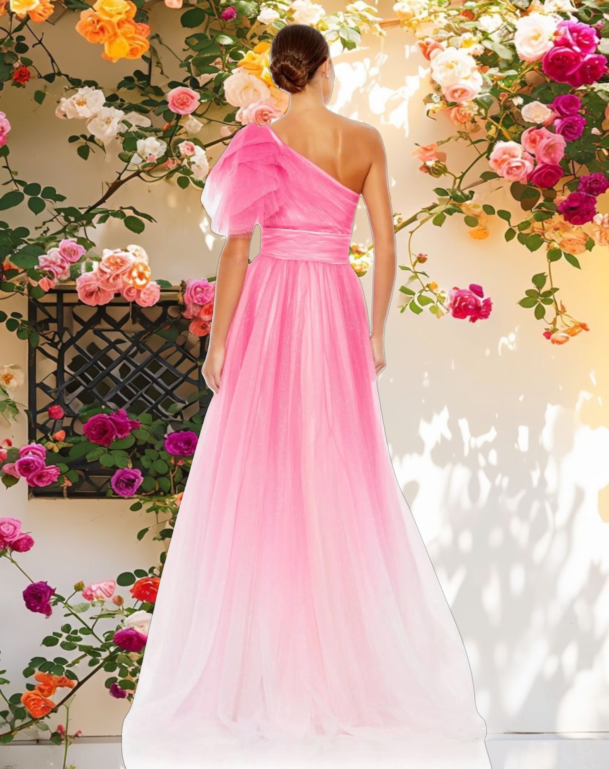 Sparkling Gradient Ruffled Off-Shoulder Gown