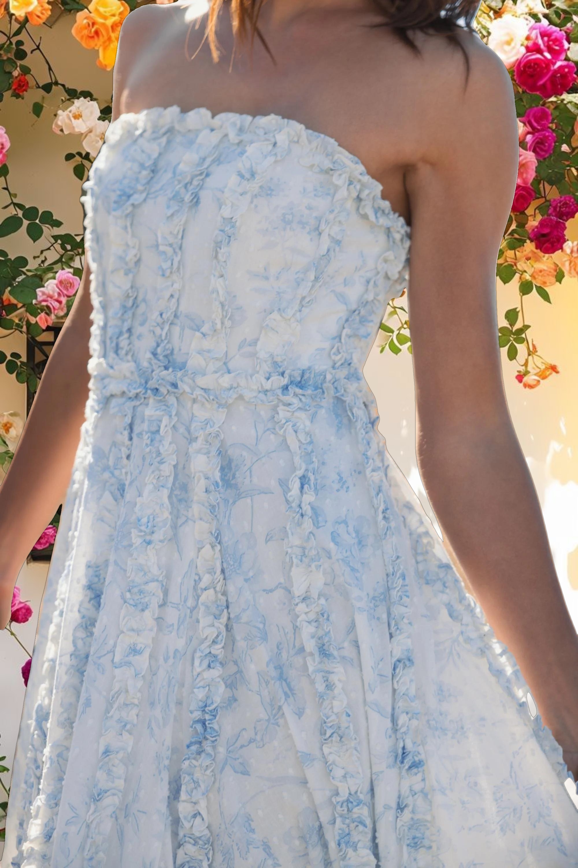 Blue and White Strapless Ruffle Floral Cotton Midi Dress