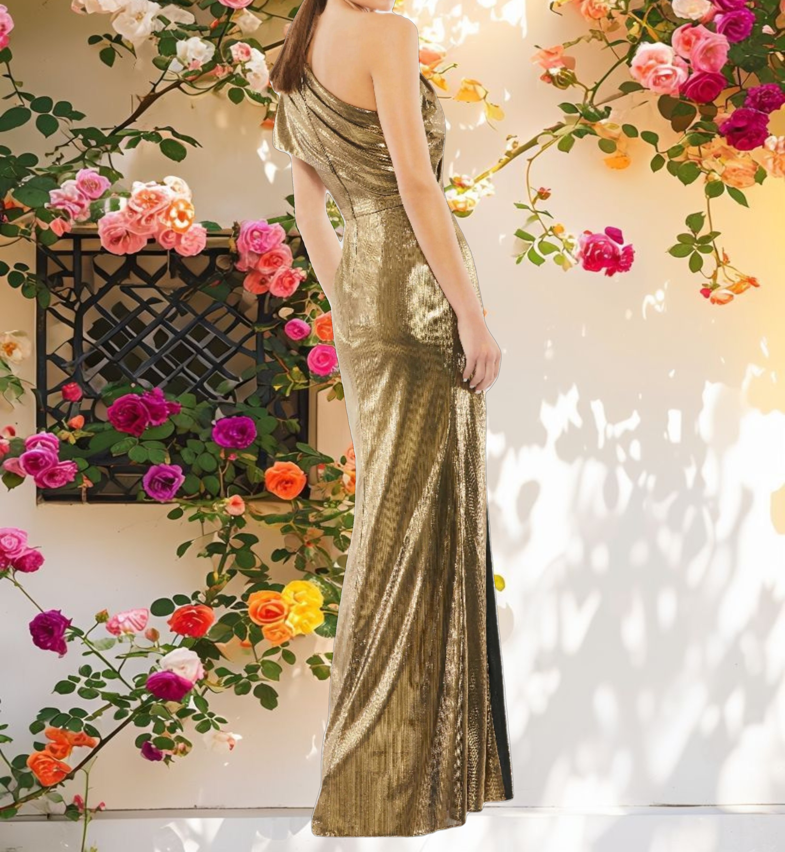 Ruffled One Shoulder Metallic Evening Gown