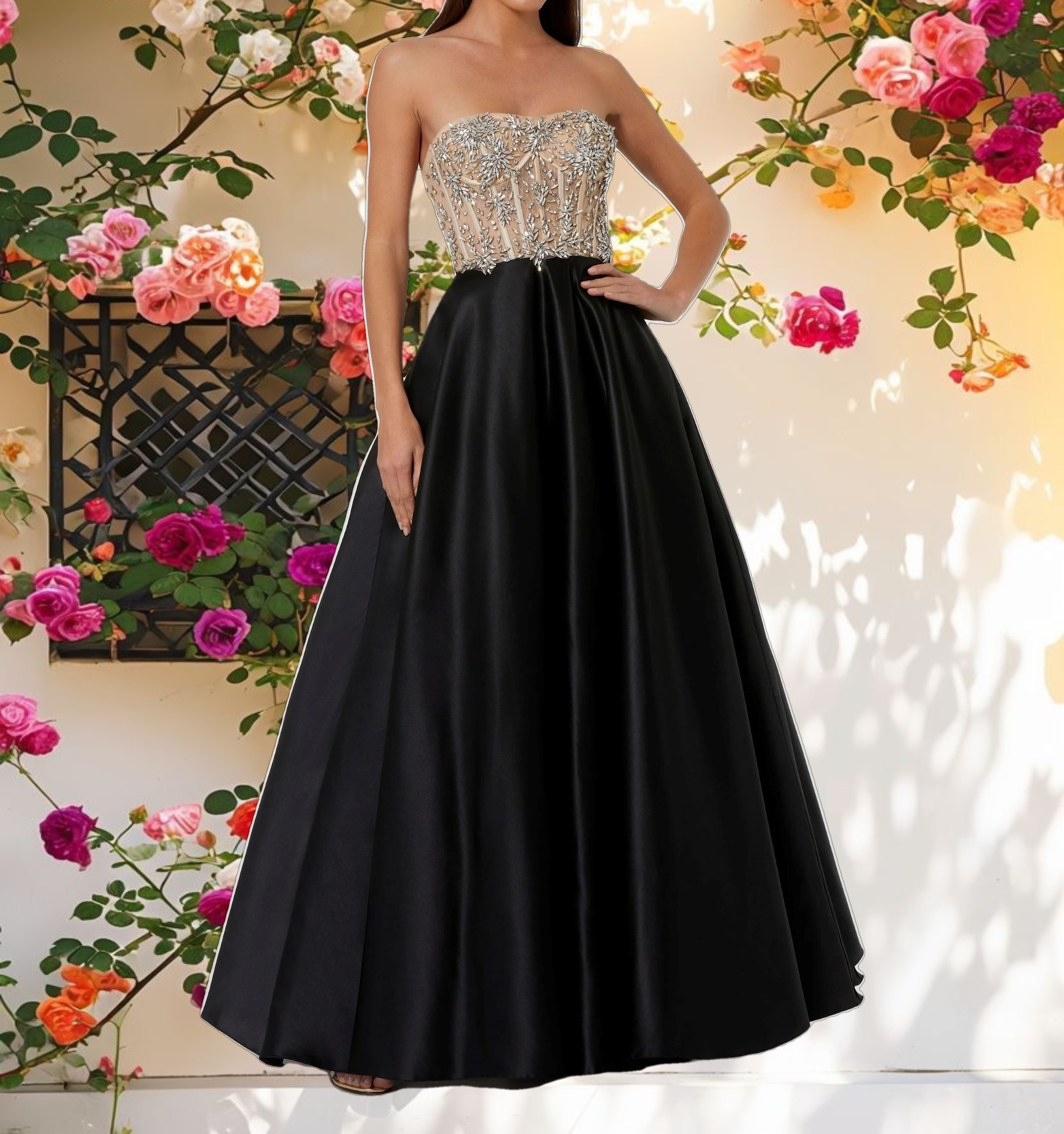 Black Strapless Embellished Bustier Ball Gown