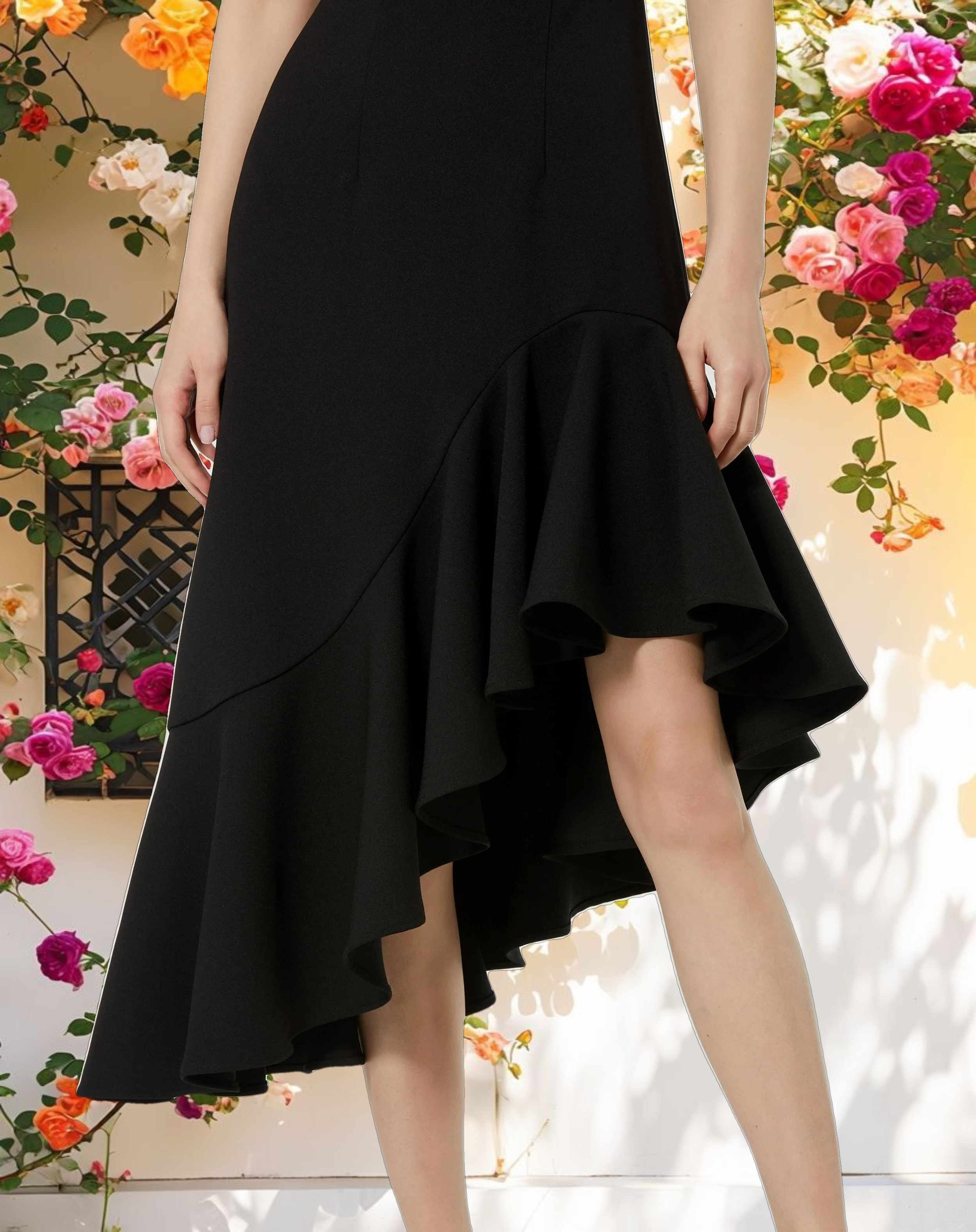 Black Crepe 34 Sleeve Asymmetrical Hem Dress