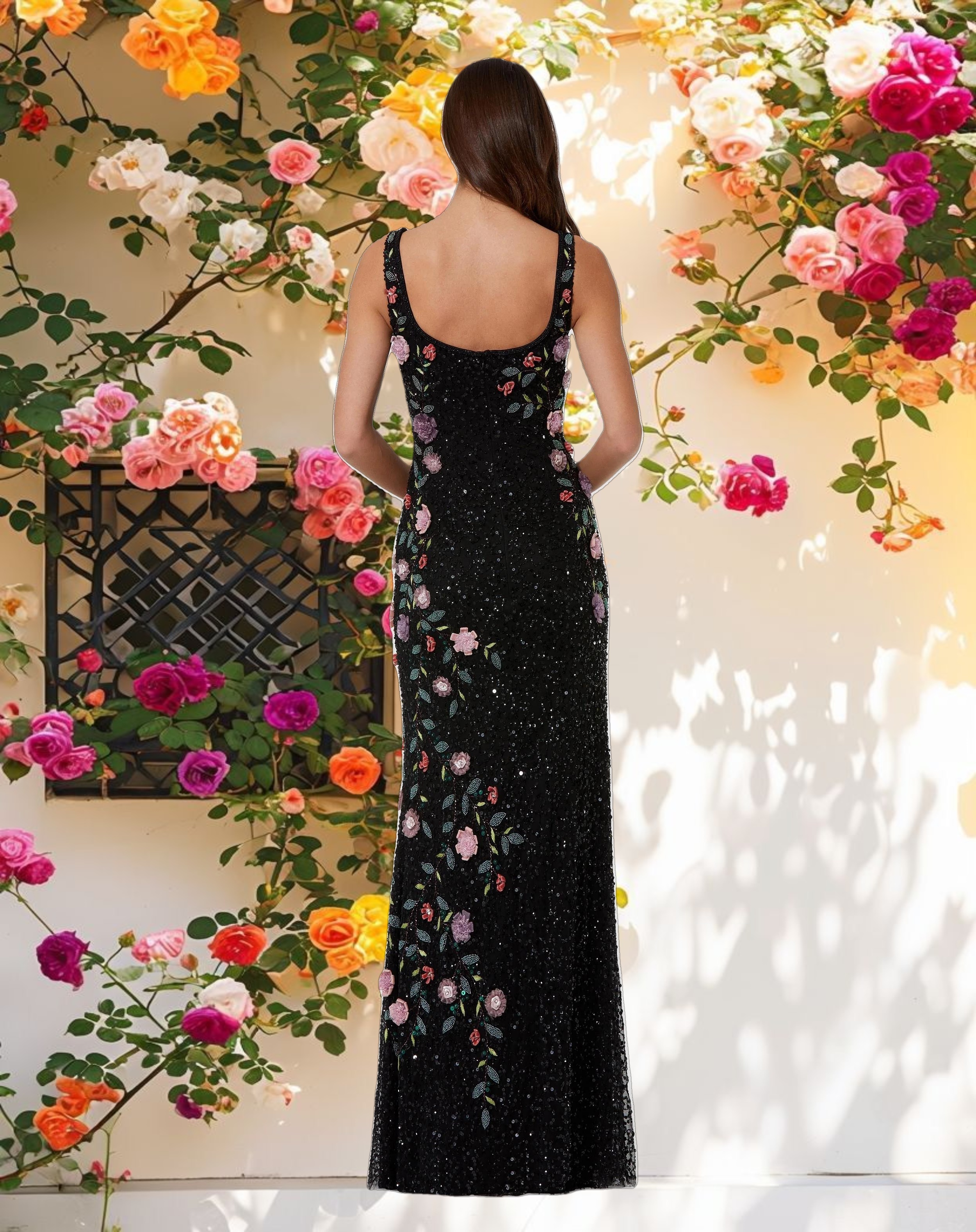 Black Floral Beaded Mesh Gown