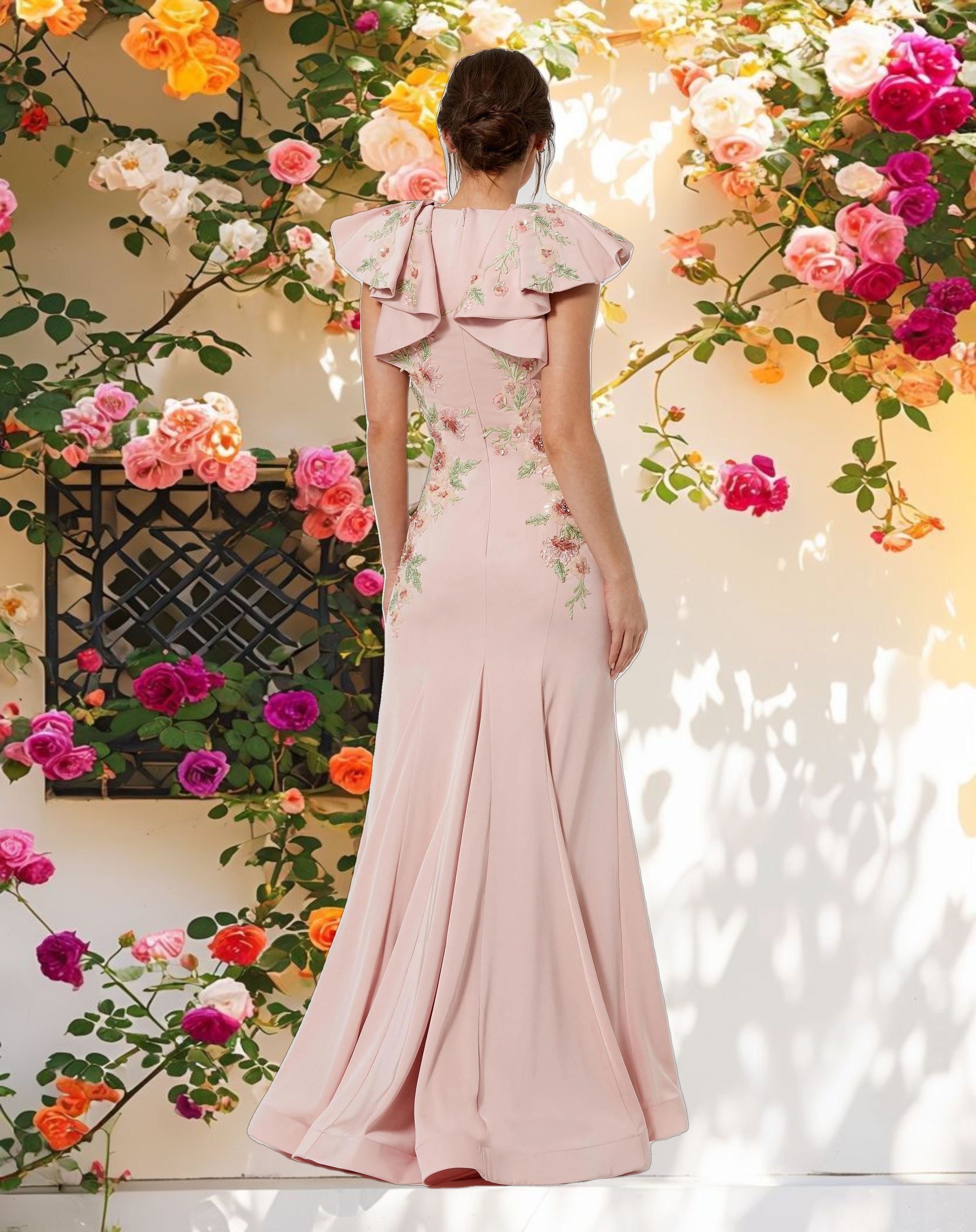 Pink Flutter Sleeve Decorated Mermaid Dress