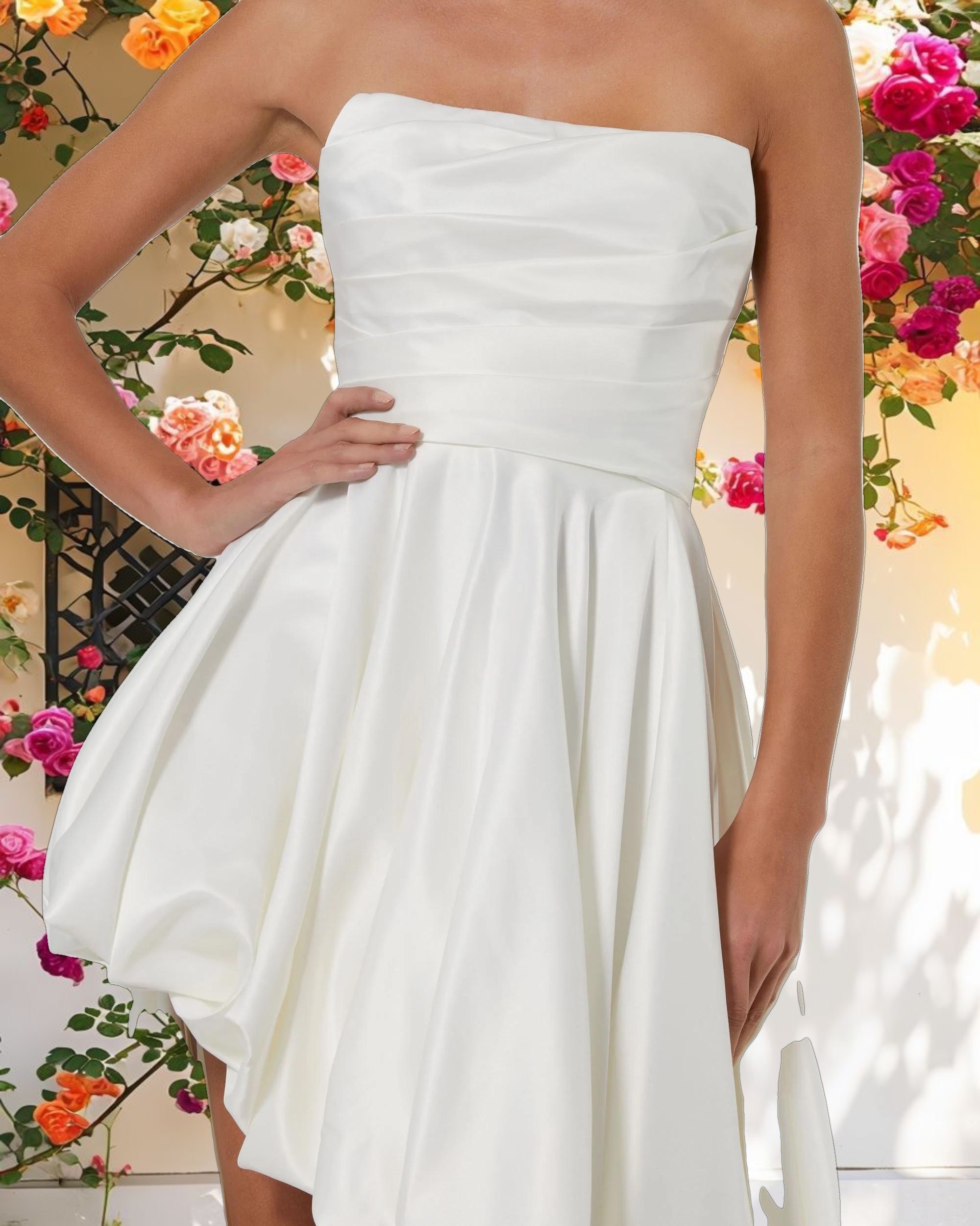 White Strapless Ruched High Low Gown