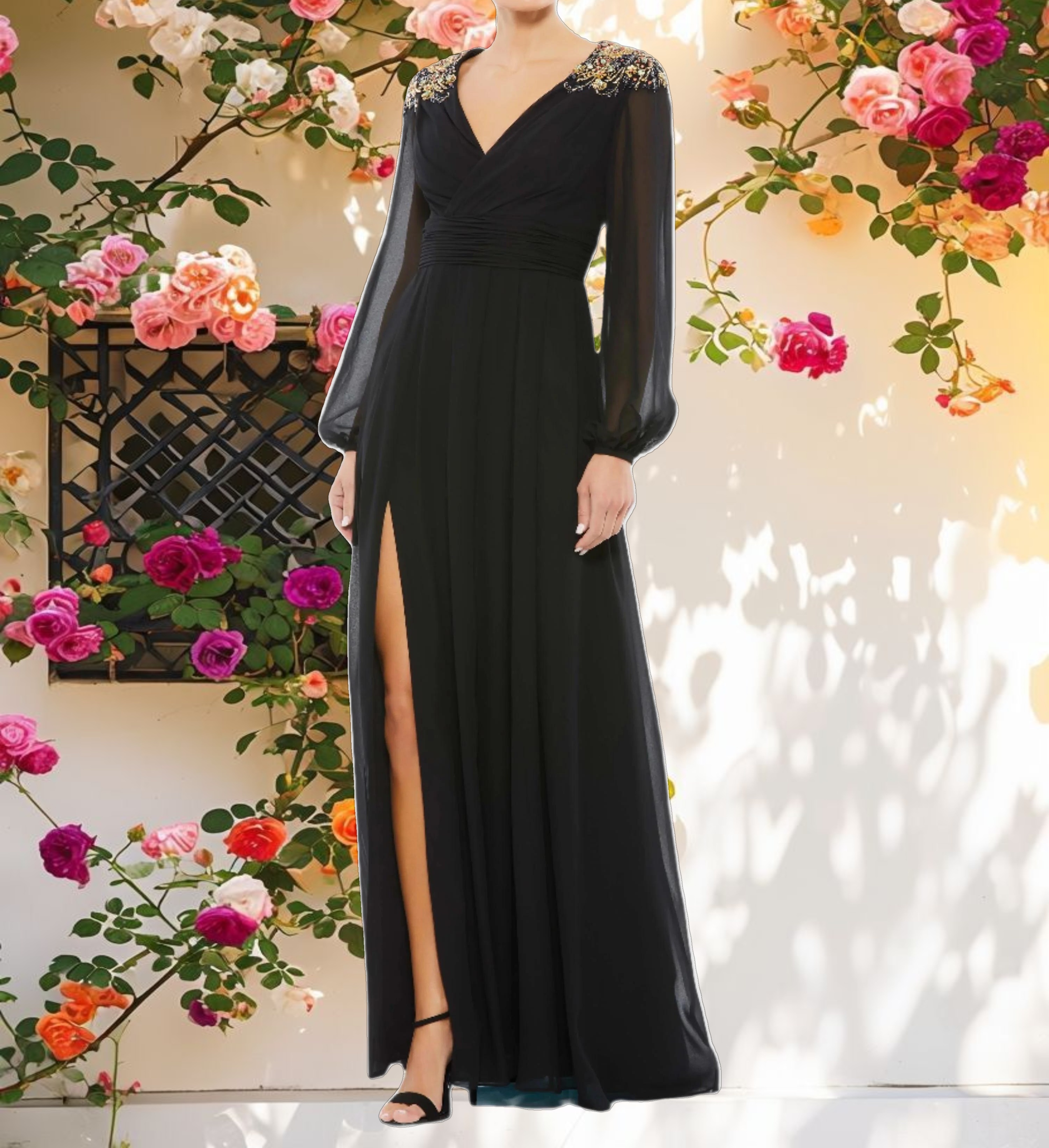 Black Embellished Shoulder Blouson Sleeve Evening Gown